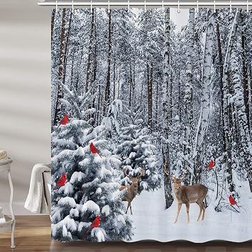 JAWO Winter Shower Curtain for Bathroom, Pine Forest Deer Cardinal Snowflake Winter Forest Fabric Shower Curtains Set, Blue Gray Restroom Decor Accessories with Hooks 72X72Inches