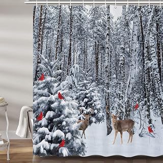 JAWO Winter Shower Curtain for Bathroom, Pine Forest Deer Cardinal Snowflake Winter Forest Fabric Shower Curtains Set, Blue Gray Restroom Decor Accessories with Hooks 72X72Inches