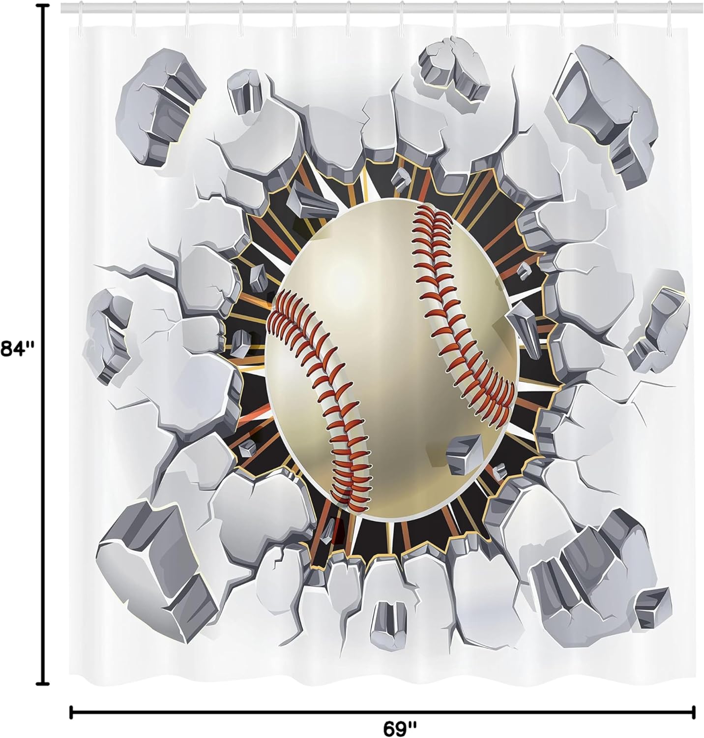 Ambesonne Sports Shower Curtain, Baseball and Old Plaster Concrete Wall Damage Illustration Competition, Cloth Fabric Bathroom Decor Set with Hooks, 69" W x 84" L, Ivory Pale Grey Orange