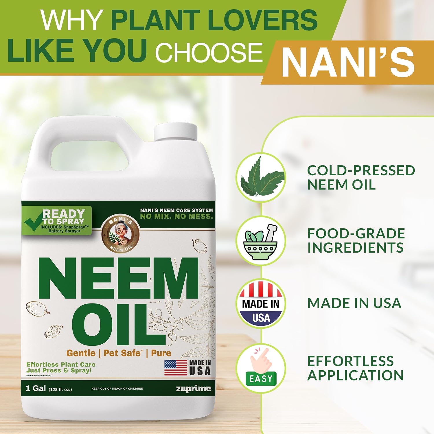 Nani’s Neem Oil Spray for Plants with SnapSpray (1 Gallon) - Ready-to-Use, Made from 100% Cold-Pressed Organic Neem Oil for Plants - Indoor & Outdoor Use for Healthier Horticultural Growth