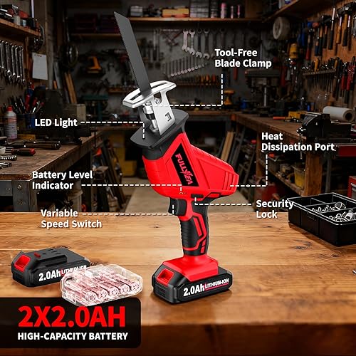 Miniatura 8 de Sierra recíproca inalámbrica, 0-3500SPM Sierras alternativas de velocidad variable con 2 baterías de 2.0 Ah y 4 hojas de sierra, cambio de hoja sin