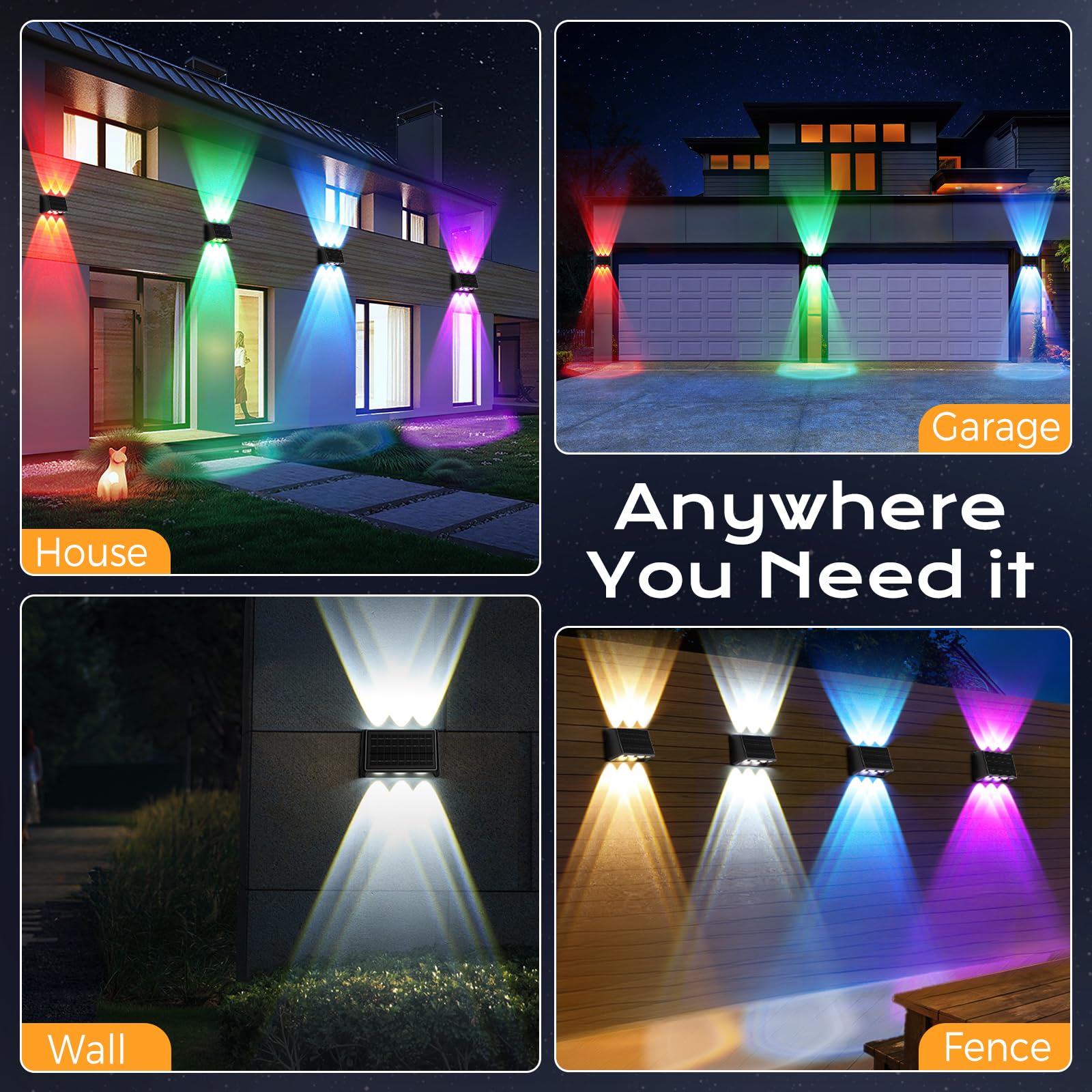 Quntis Applique da Esterno Solare Doppia Luce Bianca Calda e Colore 6 LEDs ad Alta Potenza, 13 Modalità, Lampada Solari da Esterno Parete Impermeabile IP65 per Recinzione Giardino Terrazze-Grande