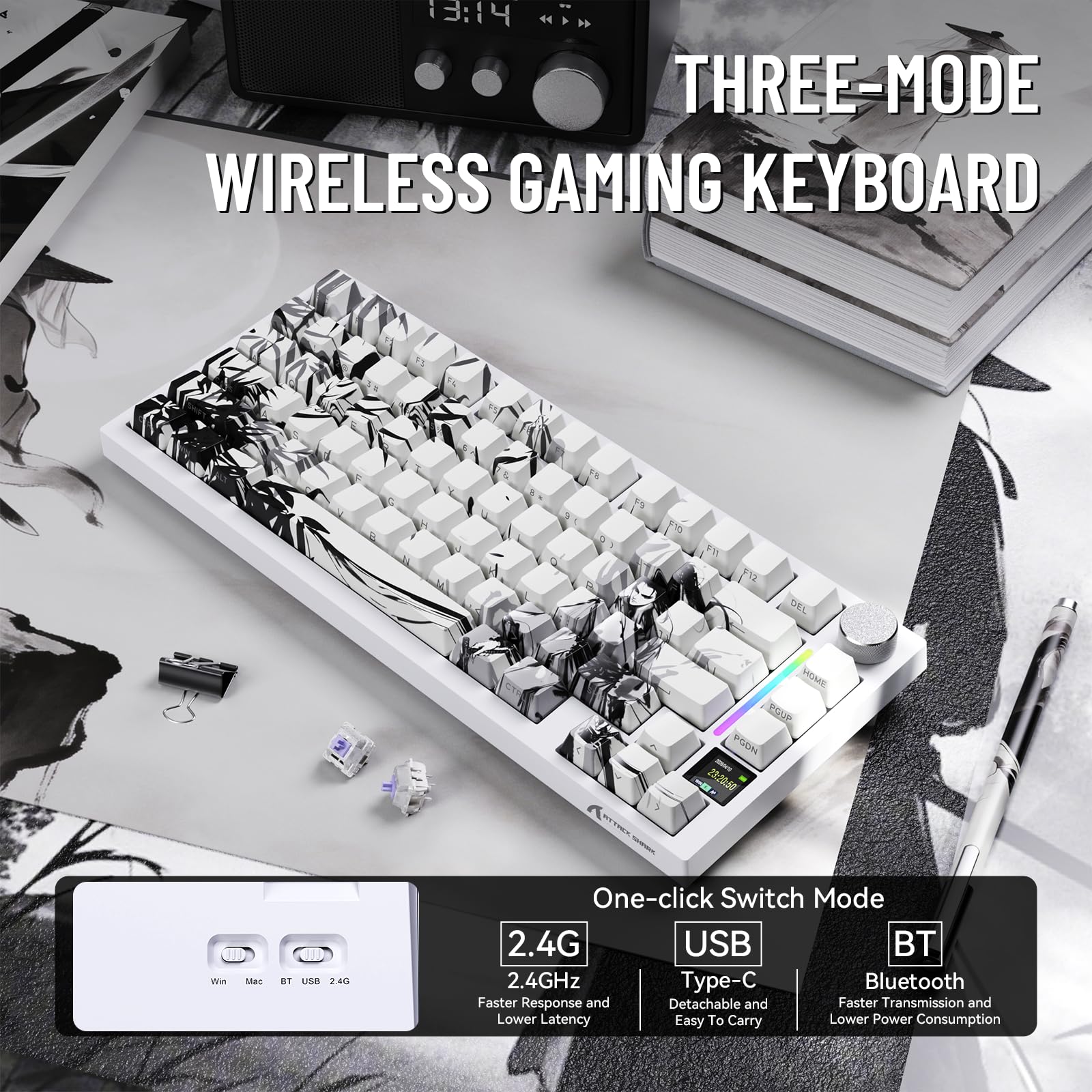 MAMBASNAKE Attack Shark X820Ultra Clavier mécanique de jeu avec BT/2,4 G sans fil/câble, QWERTY 75 % TKL Gasket Hot Swap, écran TFT et bouton câble spiralé RVB Chroma, interrupteur cadeau linéaire