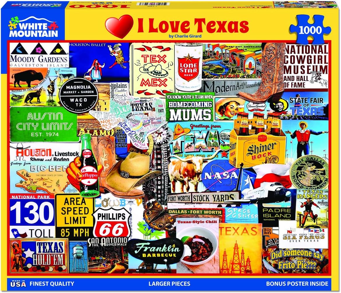 White Mountain 1000 Piece Jigsaw Puzzle Western State Collage Puzzles with Large Pieces for Adults and Family 24"x30" – I Love Texas