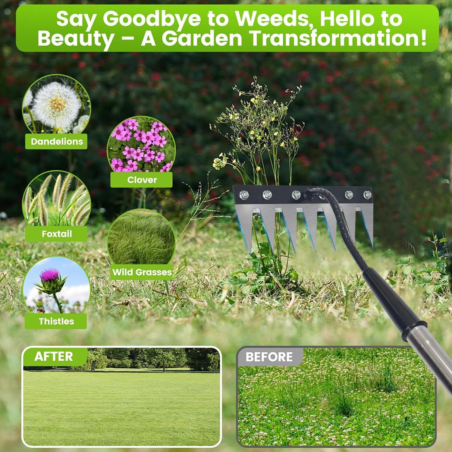 Garden Weeding Rake, Iron Weed Rake with Long Handle(27" - 60"), Heavy Duty 6 Teeth Manganese Steel Iron Weeding Rakes for Weeding, Yard, Farm...