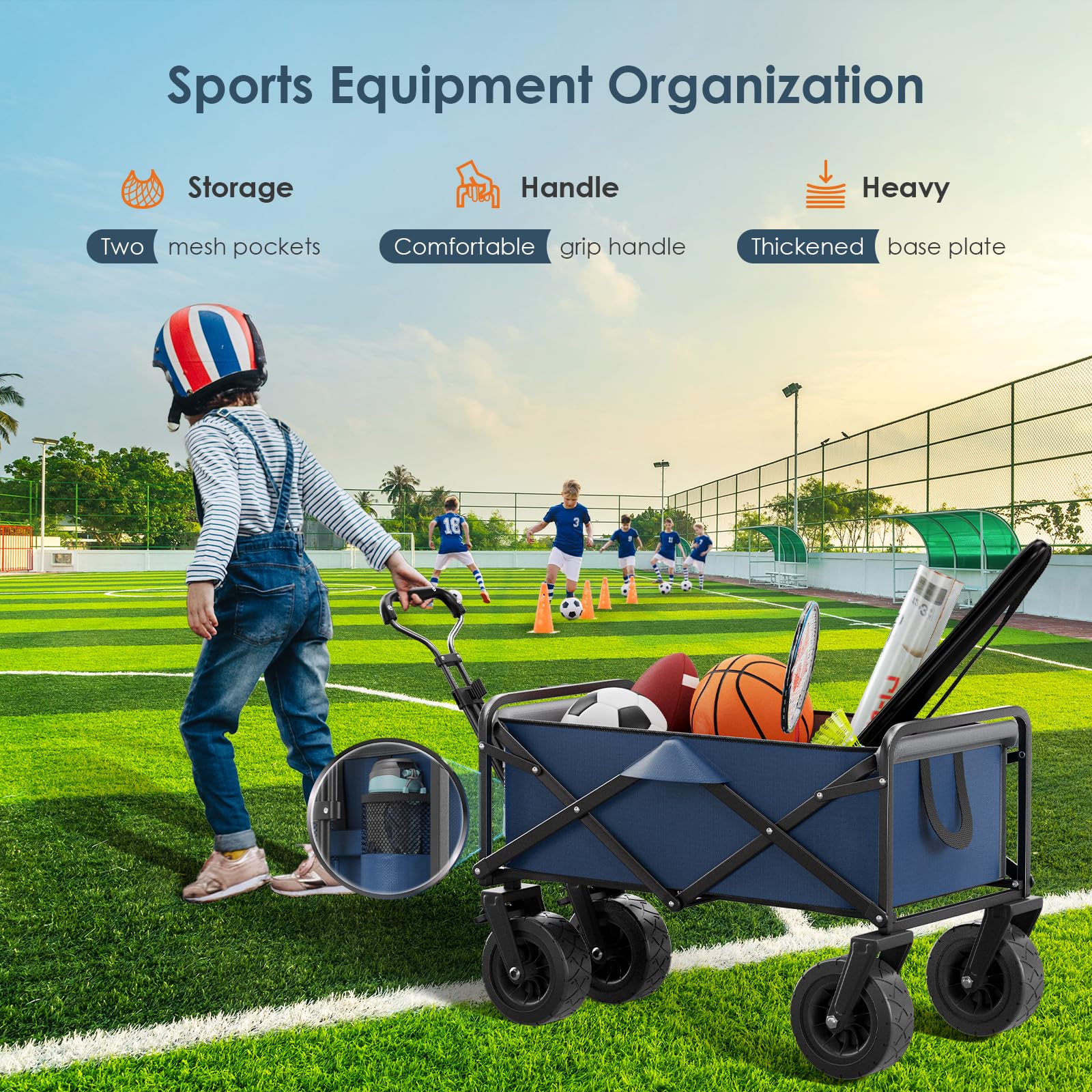 Taphnw 100L Chariot de Transport Pliable, Charge maximale de 110 kg, Chariot Jardinage de Plage avec Poignée Réglable, Tissu Oxford 600D, Voiture Pliante pour Tout Terrain, Plage, Camping (Bleu)