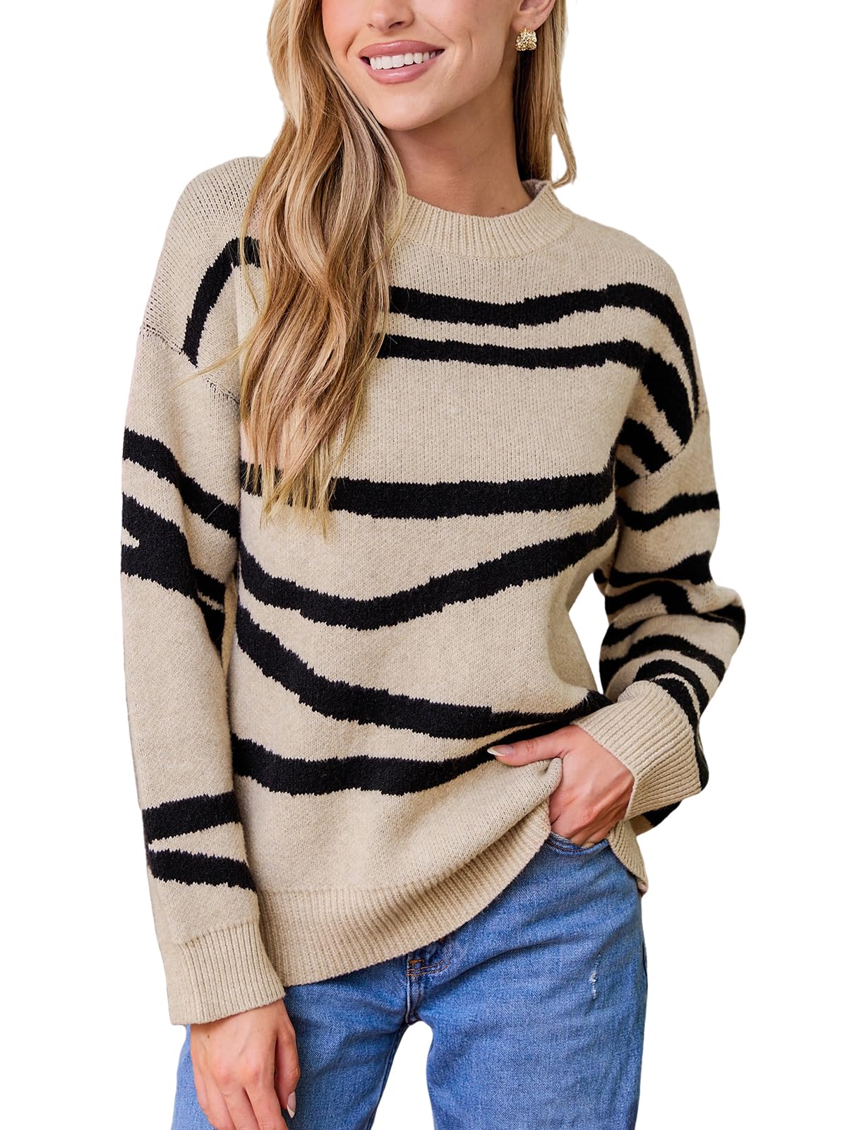 CUPSHE Women's Long Sleeve Crew Neck Chunky Knit Winter Striped Sweater Vintage Pullover Tops