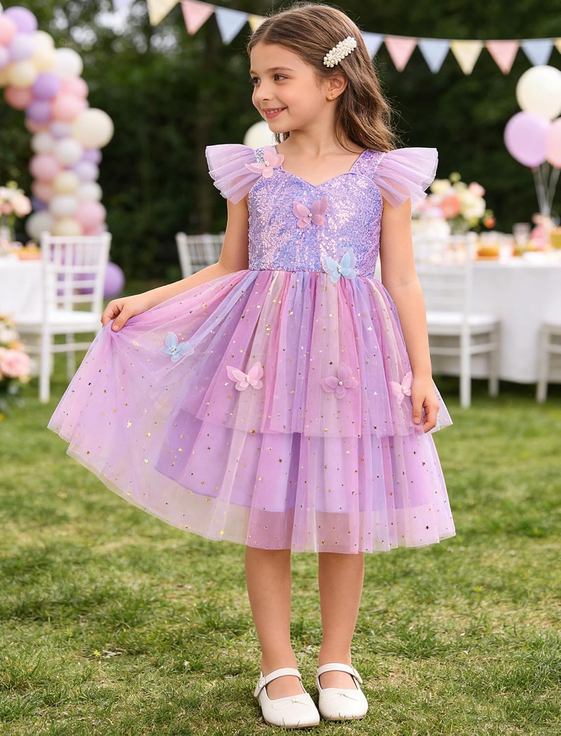 IDOPIP Toddler Baby Girls Shiny Butterfly Tutu Dress Princess Birthday Party Pageant Flower Girl Wedding Tulle Dresses 2-6T