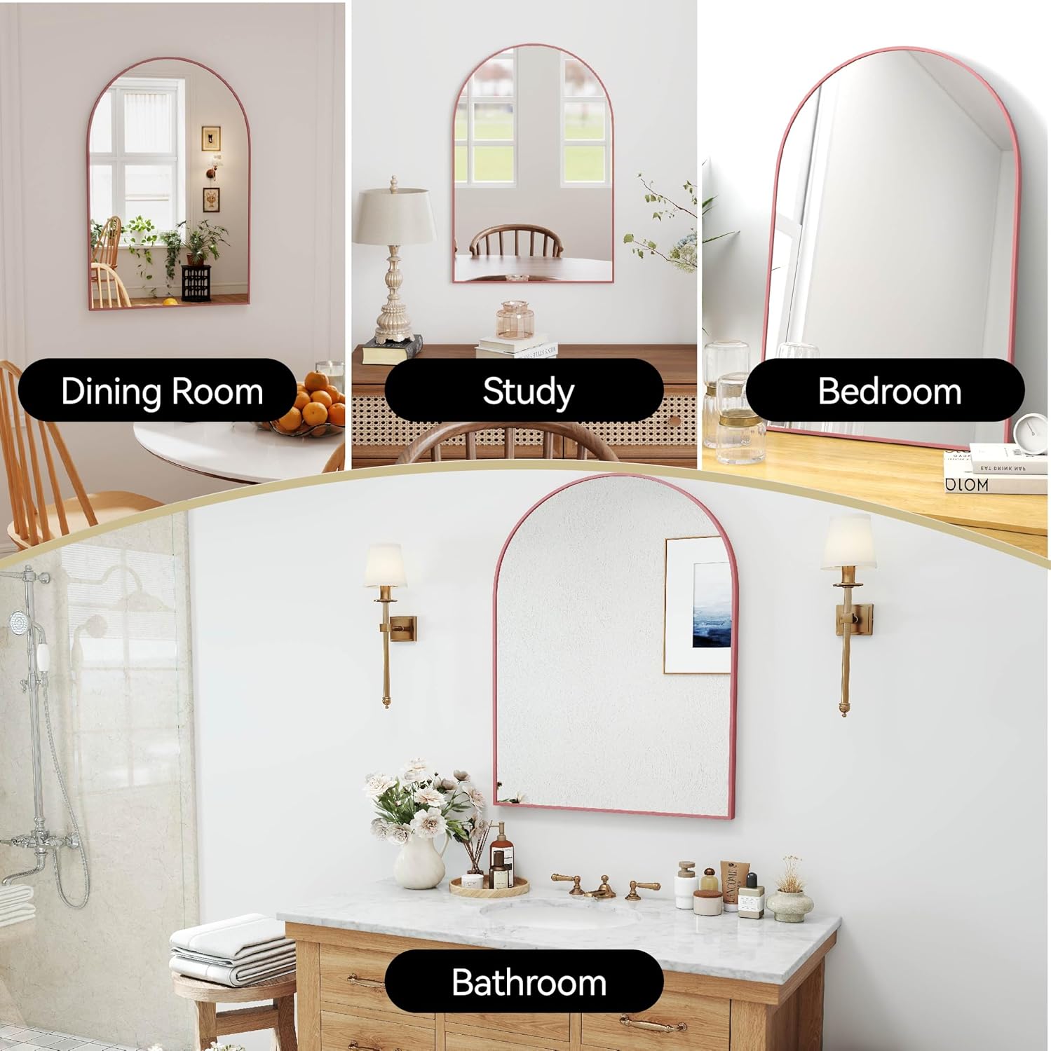 24x36 Arch Mirror Square Wall Mounted Metal Frame Mirrors for Entryway Bedroom Bathroom Living Room 24 36 inch Rosegold
