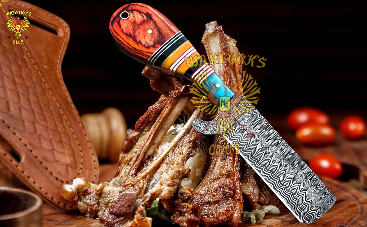 Handmade Damascus Hunting Knife, 8" Fixed Blade Knife with Sheath, Full Tang Cowboy Knife, Skinning Knife, EDC Bull Cutter Knife for Outdoor Camping
