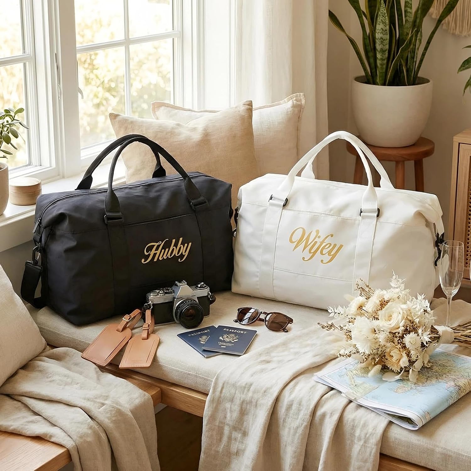 Sanwuta 4 Pcs Wifey Hubby Duffel Bag Set 2 Honeymoon Travel Bags with 2 Toiletry Pouches Weekender Gym Tote for Couple Wedding Engagement Valentines His Hers Gifts Bridal Shower Gifts