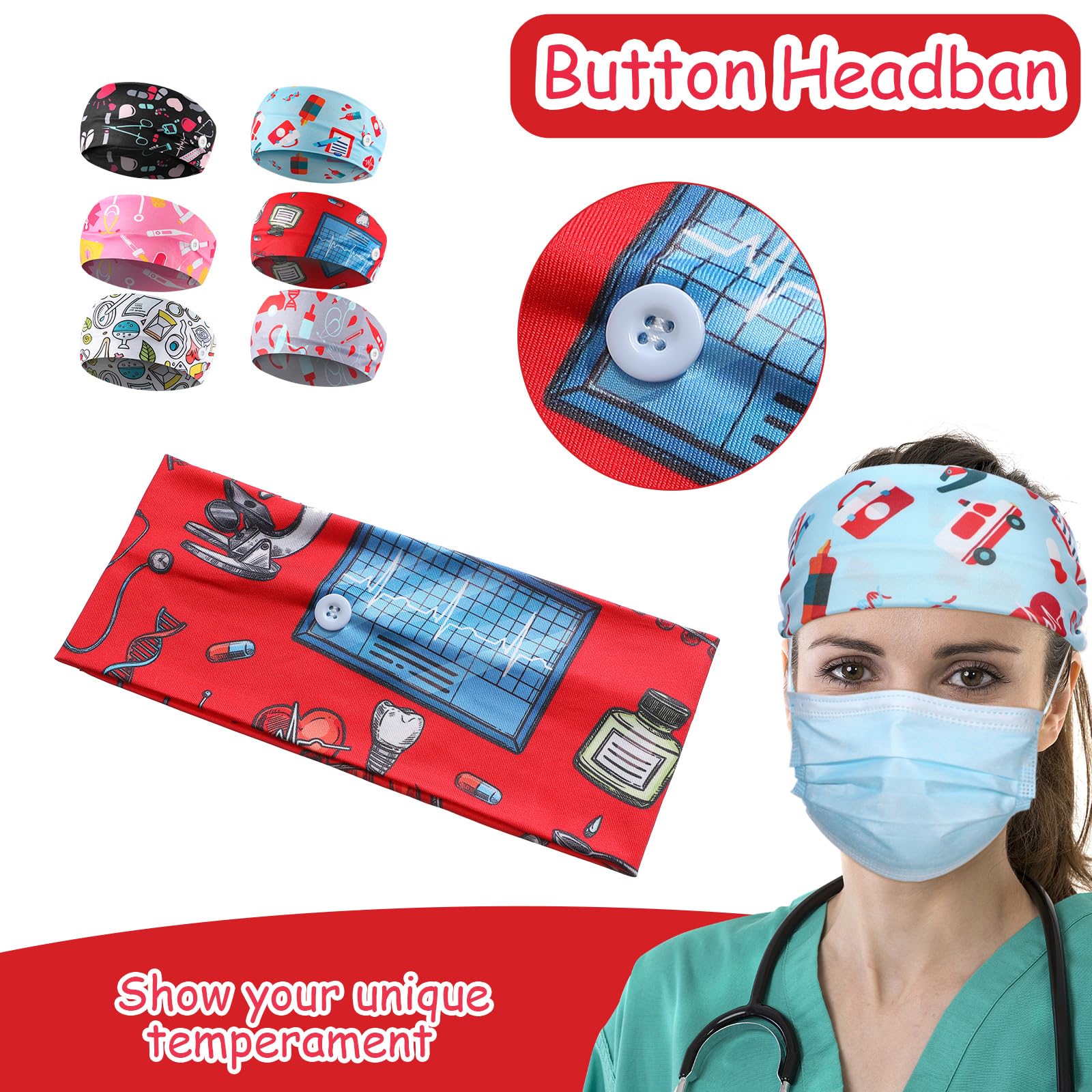 6 pieces Nurse Elastic Headbands Sport Beach Hair Accessories (Stylish Patterns) 6 Pieces African Headband Bobo Wide Knot Turban Head Wraps  main image 3
