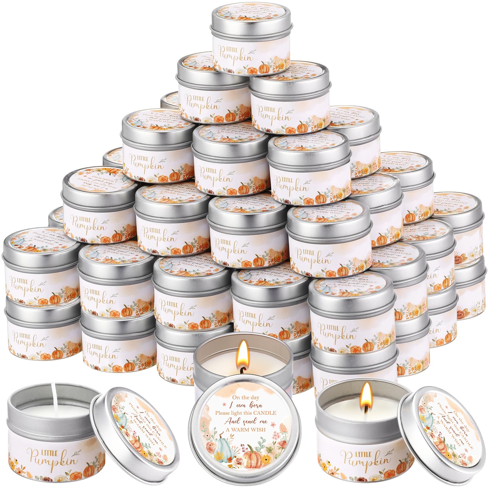 50 Pcs Baby Shower Party Favors Candles Lavender Scented Gender Reveal Candle Gifts Bulk Candles for Favors Baby Shower Favors Rustic Tea Lights Candles Return Gifts (Pumpkin Autumn)
