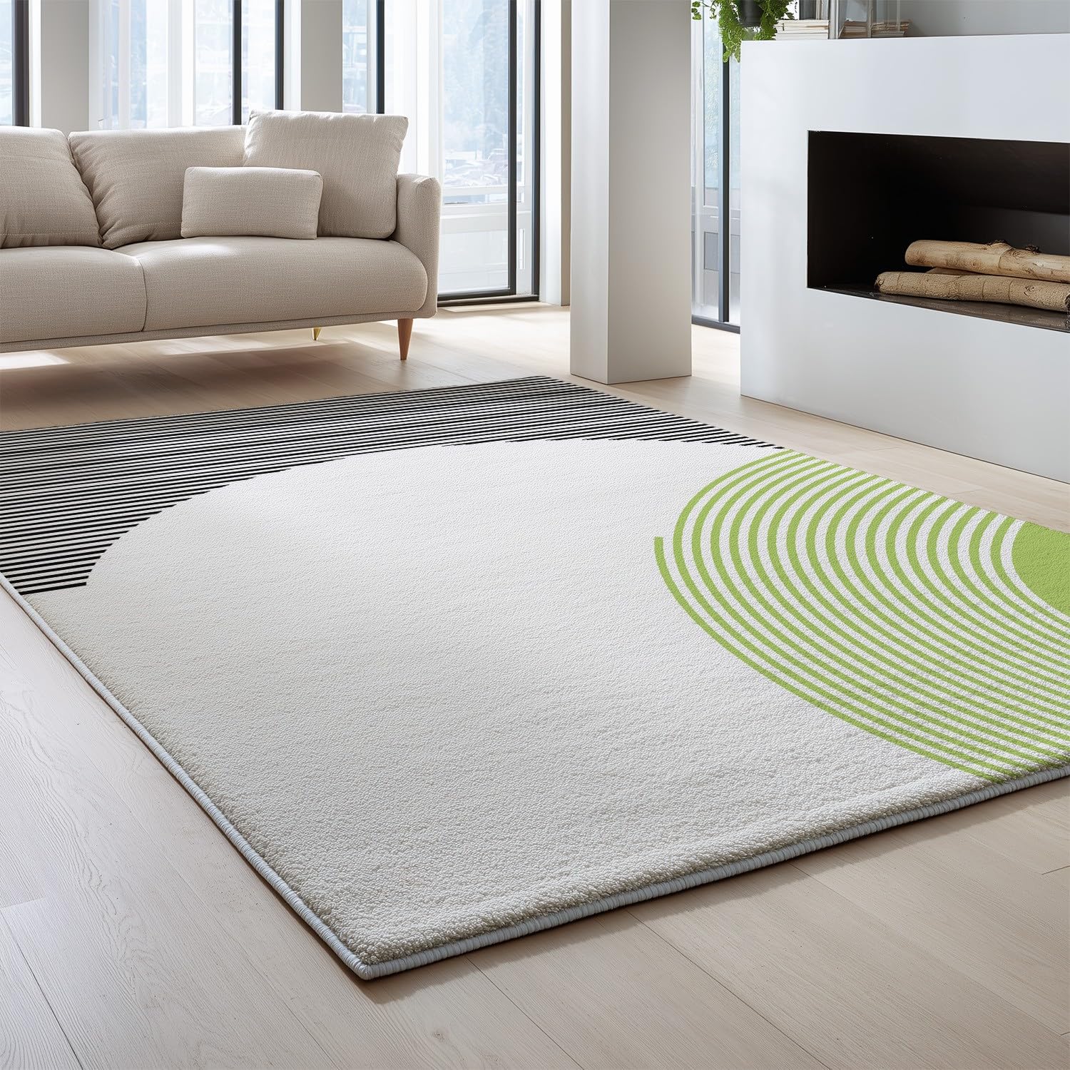 Ogólny nowoczesny dywan, 150 x 180 cm, sportowy dywan, geometryczny, świeże paski, antypoślizgowy, nie mechaci się, czarno-zielony dywan do salonu, sypialni, kuchni i jadalni, można prać w pralce