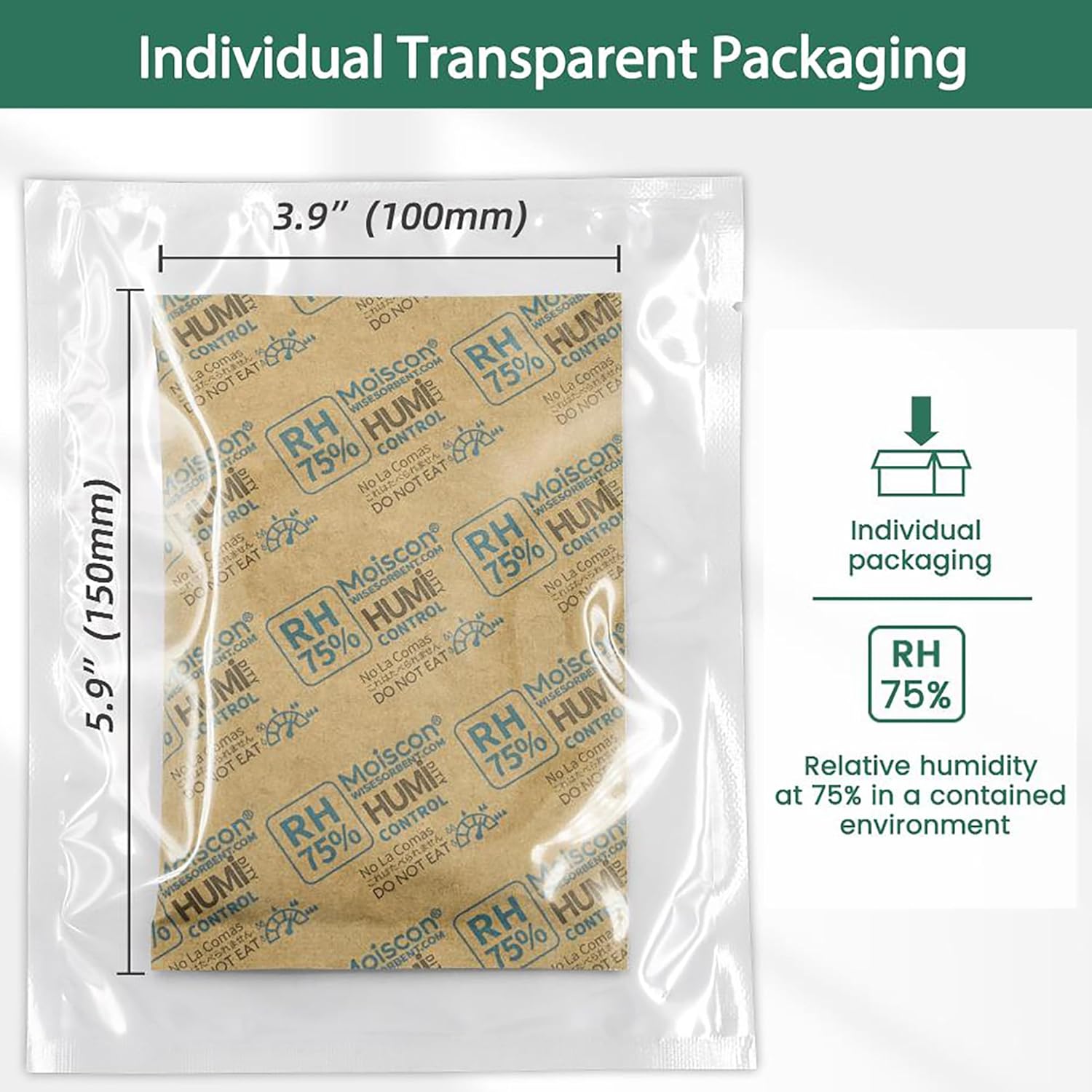 75% Two-Way Humidity Control Packs, 60 Gram 50 Pack for Storing 1 lb, Size 60 Moisture Control Packets Individually Wrapped, Humidifier Packs for Storage Containers Hydration Packets