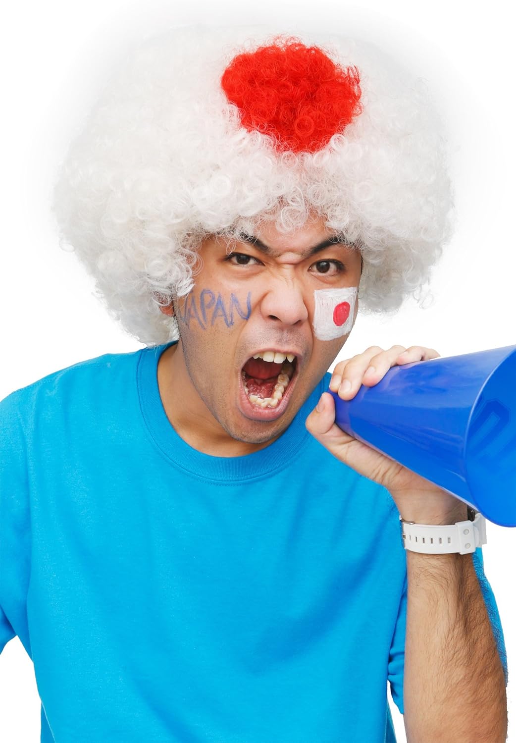 Clearstone Katsurand Cosplay Halloween Wig, Banquet Wig, Cheering Afro, Afro, Cheering, Sports, Hinomaru, Japan National Representative, Unisex, White, Costume, Costume