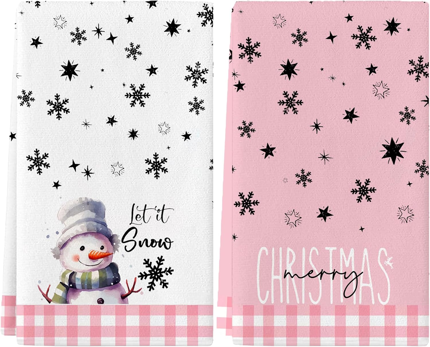 Merry Christmas Kitchen Towels Set of 2,Funny Snowman Dish Towels Holiday Home Indoor Bathroom Party Seasonal Decorations,Cute Pink Buffalo Plaid Farmhouse Decor,Winter Hand Towels - Image 3