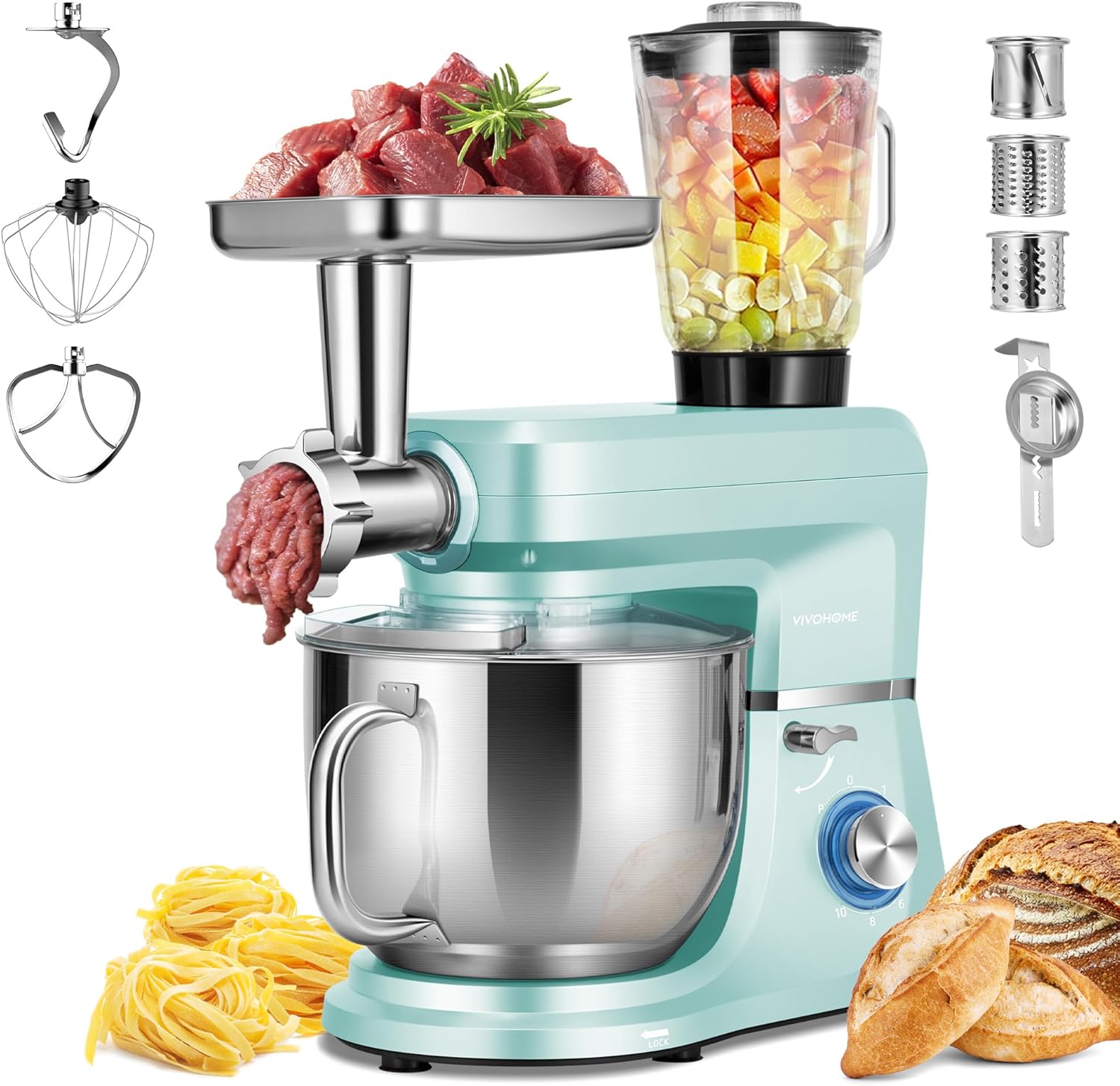 VIVOHOME 6-in-1 Stand Mixer in blue with meat grinder and blender attachments