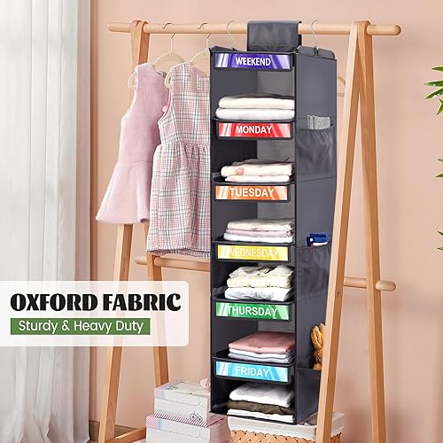 Miniatura 4 de Paquete de 2 organizadores semanales de ropa de 6 estantes para niños, organización diaria colgante de armario con 6 bolsillos laterales, divisor de
