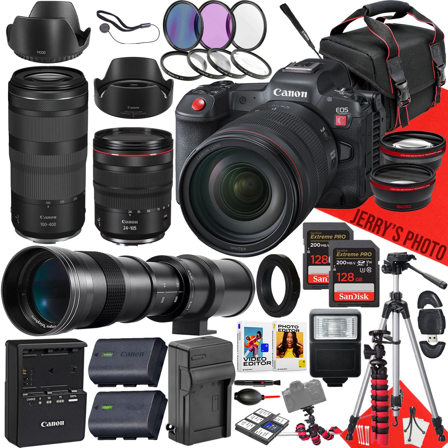 Canon EOS R5 C Mirrorless Camera with 24-105mm f/4 L IS USM, RF 100-400mm f/5.6-8 IS USM and 420-800mm f/8.3 HD Telephoto Zoom Lens + 2PC 128 GB Memory + Tripod + More (41pc Bundle) (Renewed)