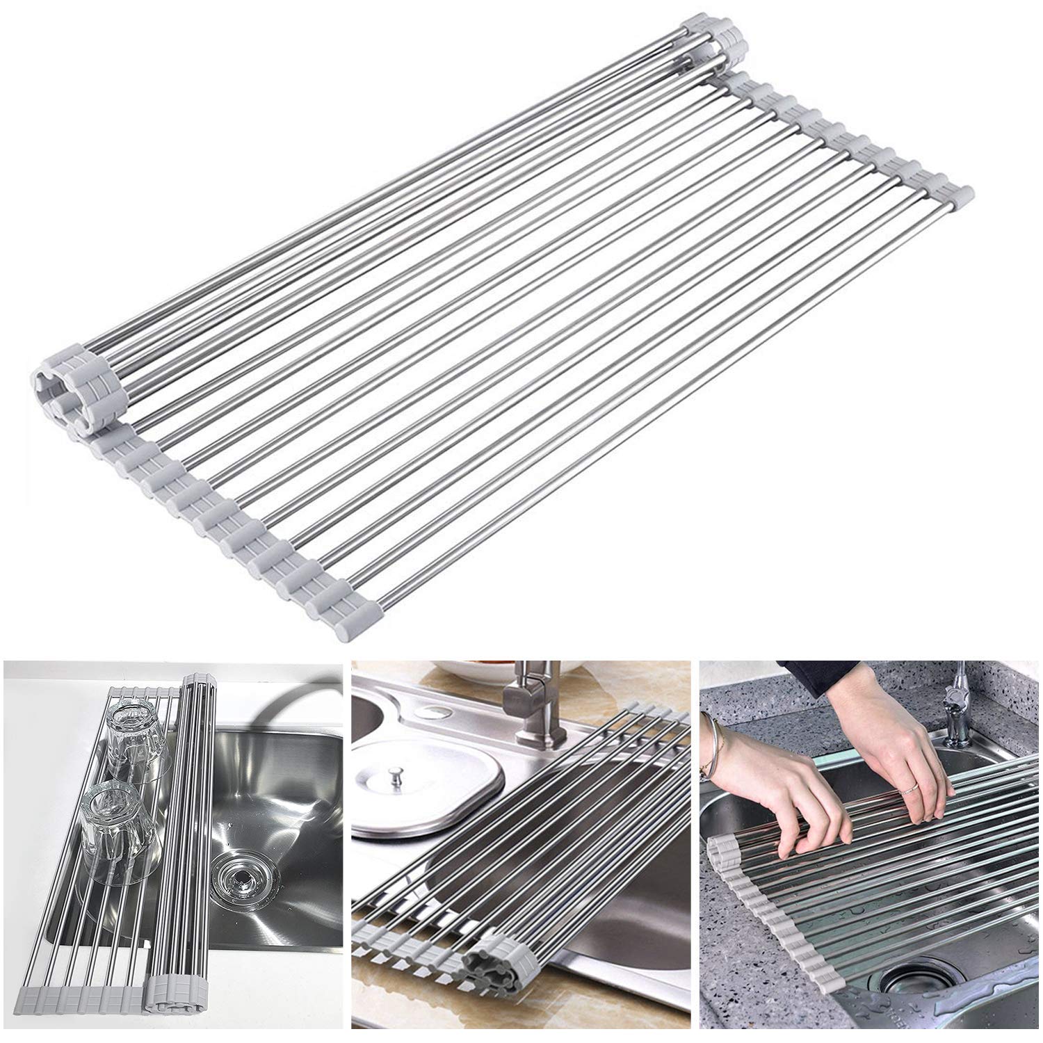 ACETOP Over The Sink Dish Drying Rack (21 x 13''), Roll Up Drying Rack Over Sink, Foldable Multi-Use Silicone Coated Stainless Steel Kitchen Rolling Sink Dish Drainers, Heat Resistant Mat