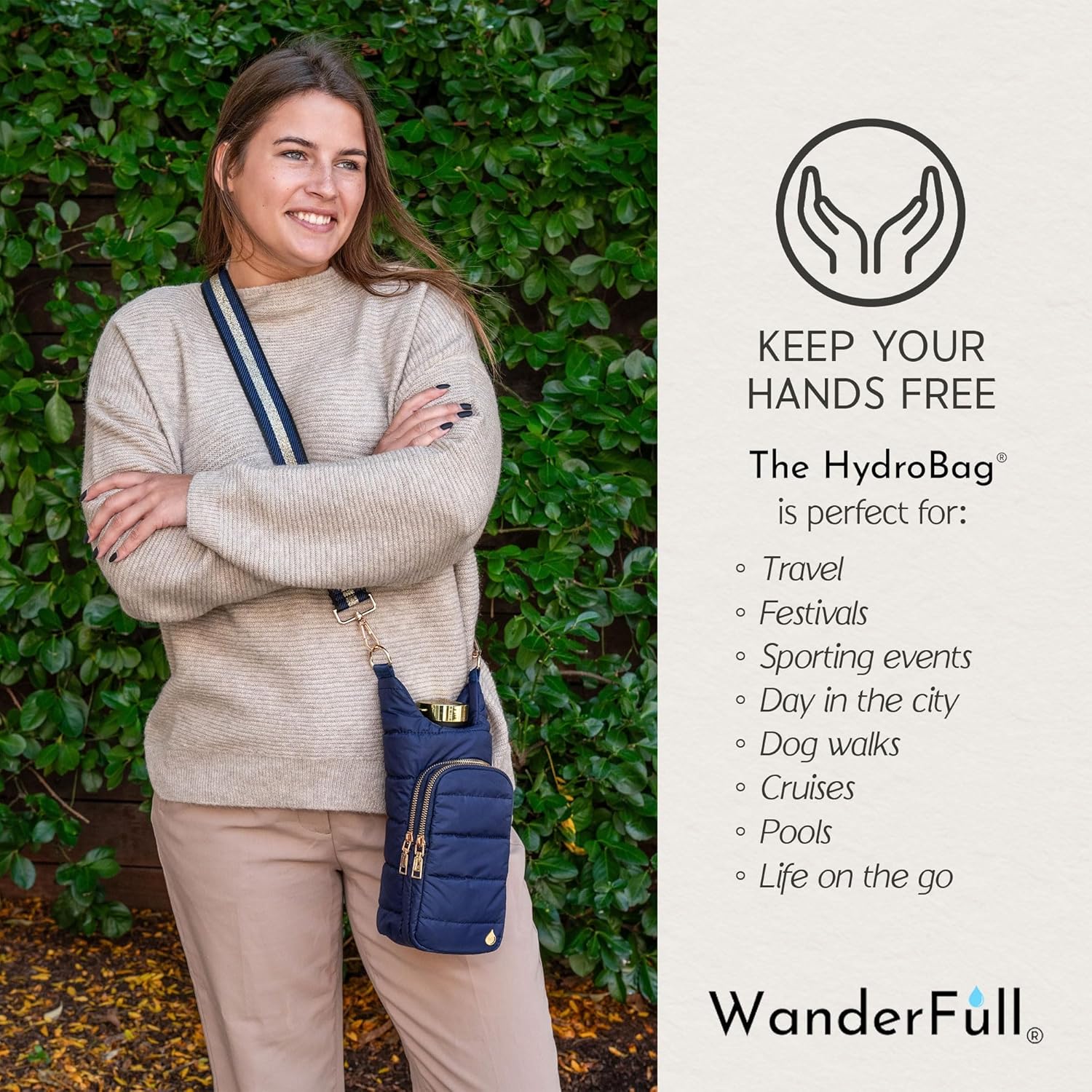 WanderFull Original HydroBag Fits Up to 32 oz Water Bottle Holder with Strap – Hands-Free Crossbody Water Bottle Carrier Bag with Phone Pocket