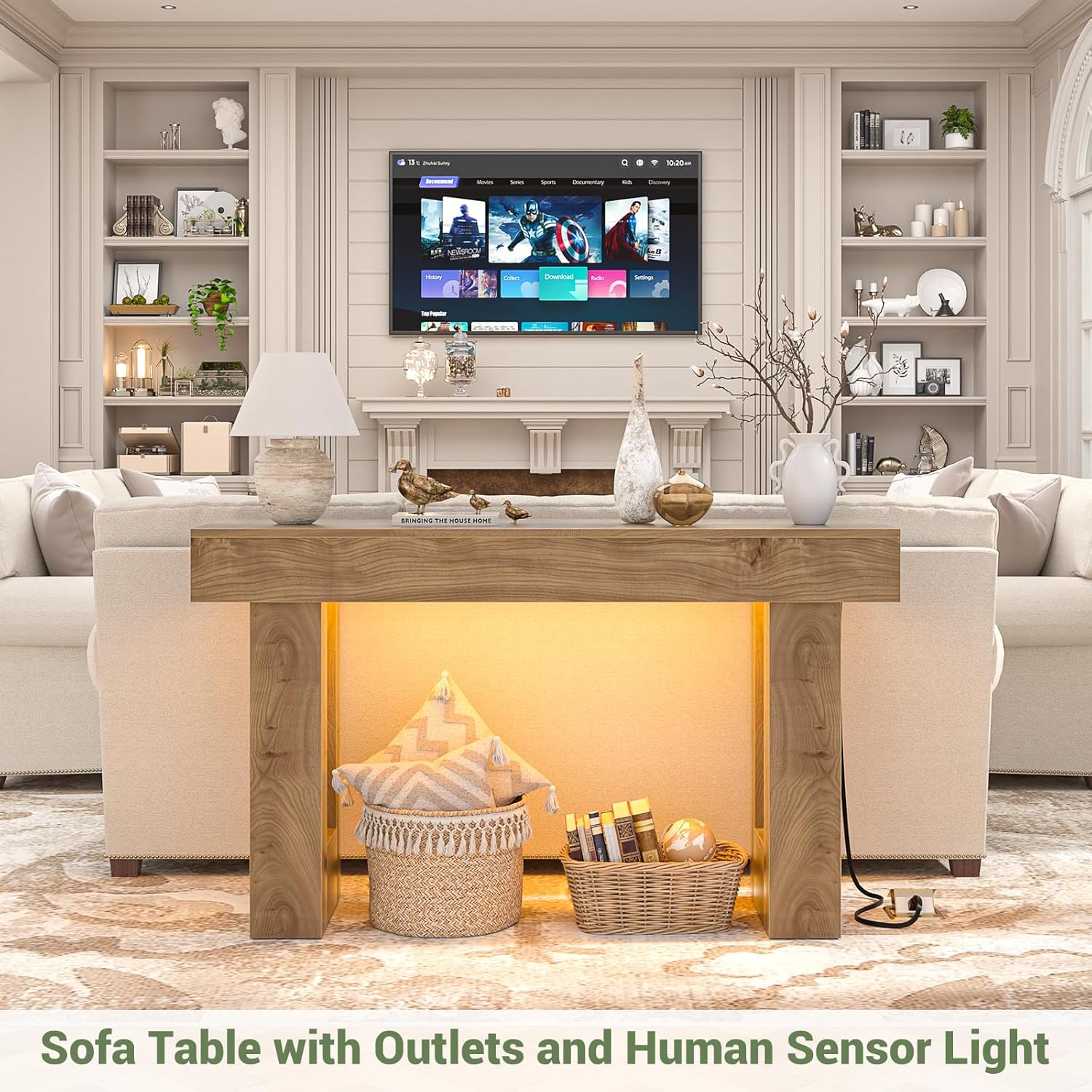 Unikito 47" Entryway Table with Socket and Sensor Light, Narrow Console Table with Storage Behind Couch, Farmhouse Entry Way Tables with Open Storage for Entrance/Hallway/Living Room, Natural Oak - Image 6