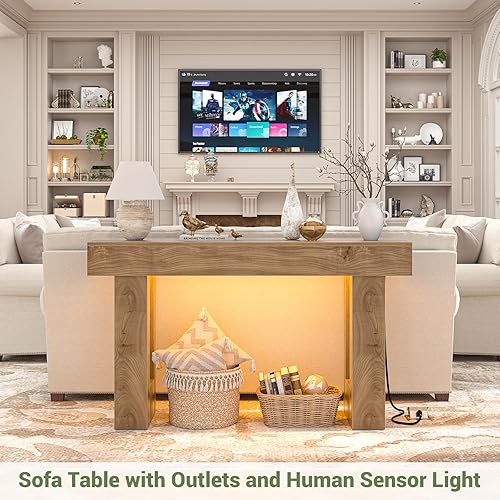 Vista 6 de Unikito - Mesa de entrada de 47" con enchufe y luz sensor, mesa de consola estrecha con almacenamiento detrás del sofá, mesas de entrada