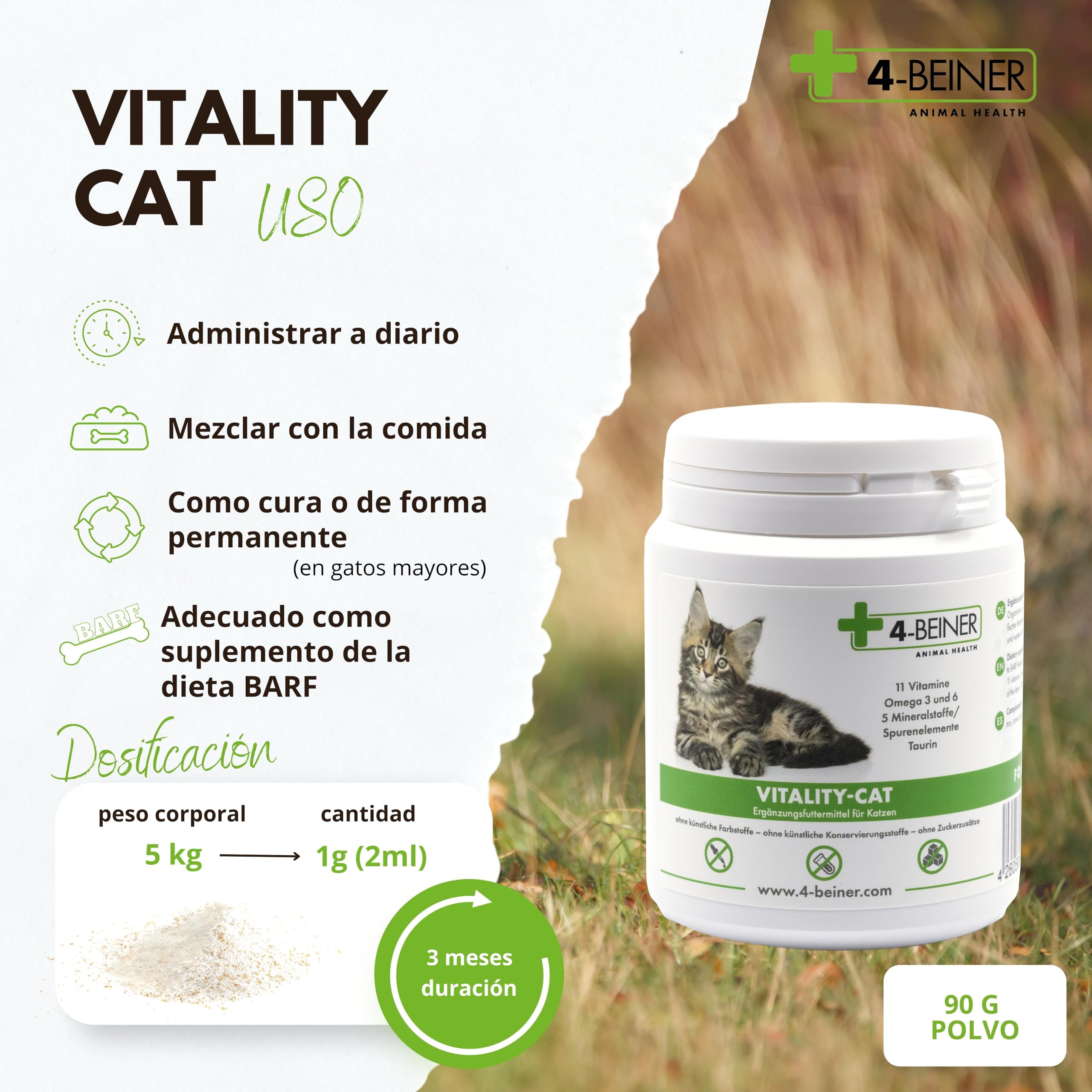 4-BEINER Vitality-Cat -11 vitaminas para Gatos más Omega 3, Omega 6, Zinc, Selenio, manganeso, Cobre, Hierro, taurina, multivitaminas Gato, Polvo