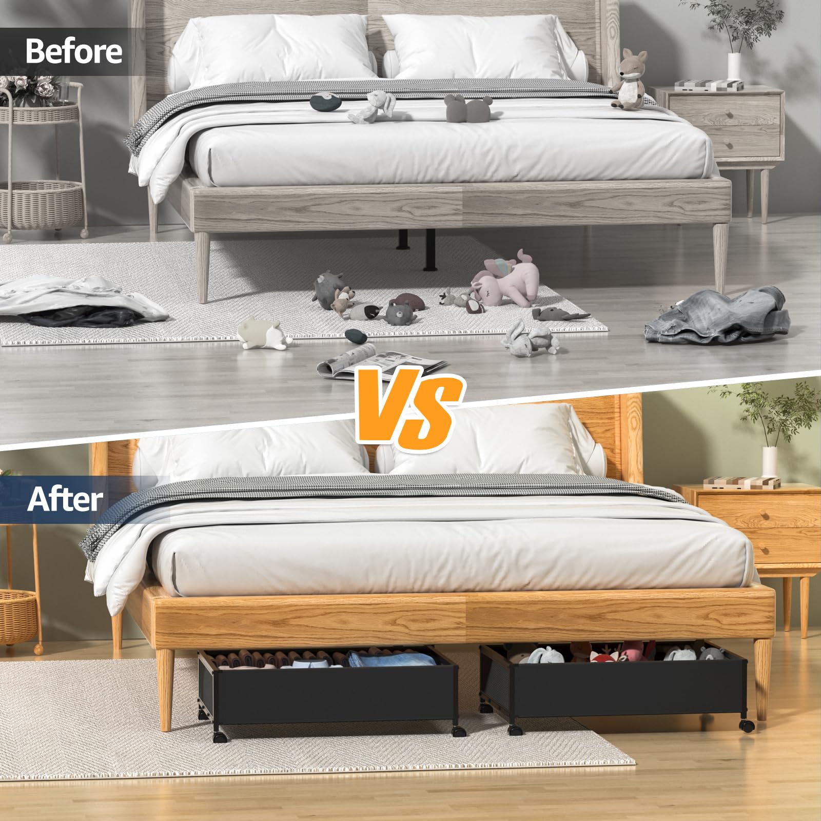 Contenitore sotto il letto con ruote, contenitore sotto il letto con coperchio, contenitori in metallo, contenitore per scarpe, vestiti, giocattoli, snack, libri (1 confezione)
