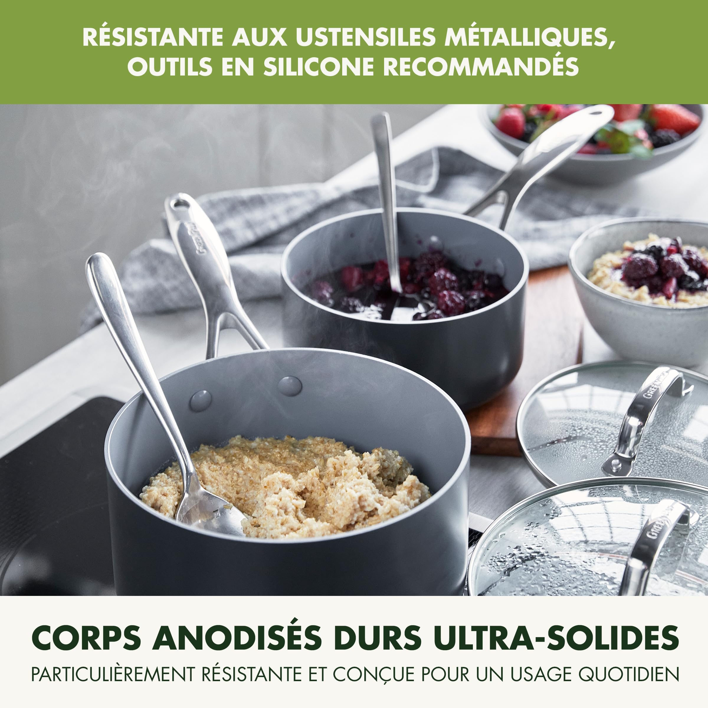 GreenPan Valencia Pro Poêle à frire antiadhésive en céramique saine anodisée dure de 20 cm et 26 cm, sans PFAS, induction, lave-vaisselle, four, gris