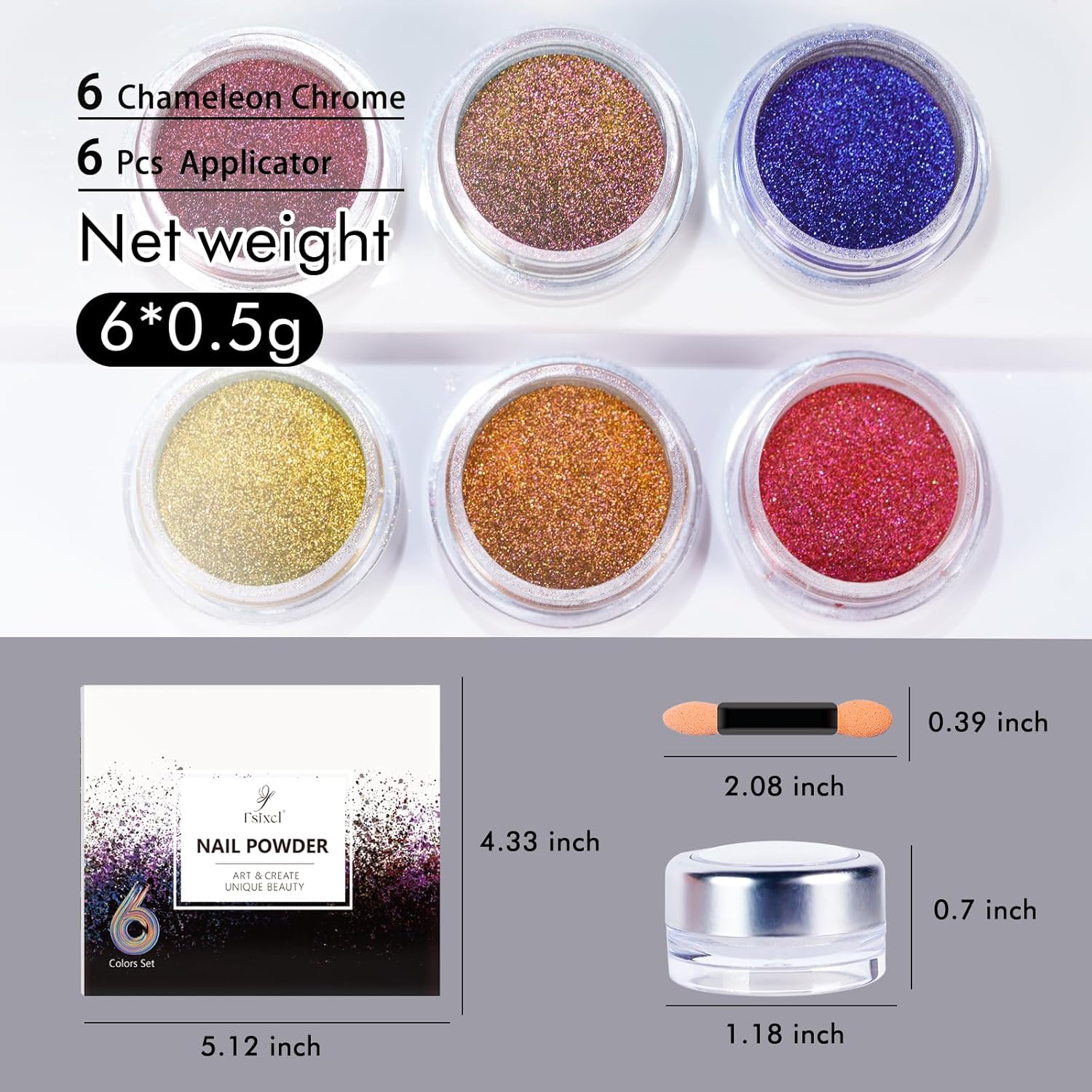 Chrome Nail Powder Iridescent Chameleon Effect Glitter Color Shift Rubbing Pigment Dust Nail Art Decoration, 6 Colors Set 0.5g/Jar