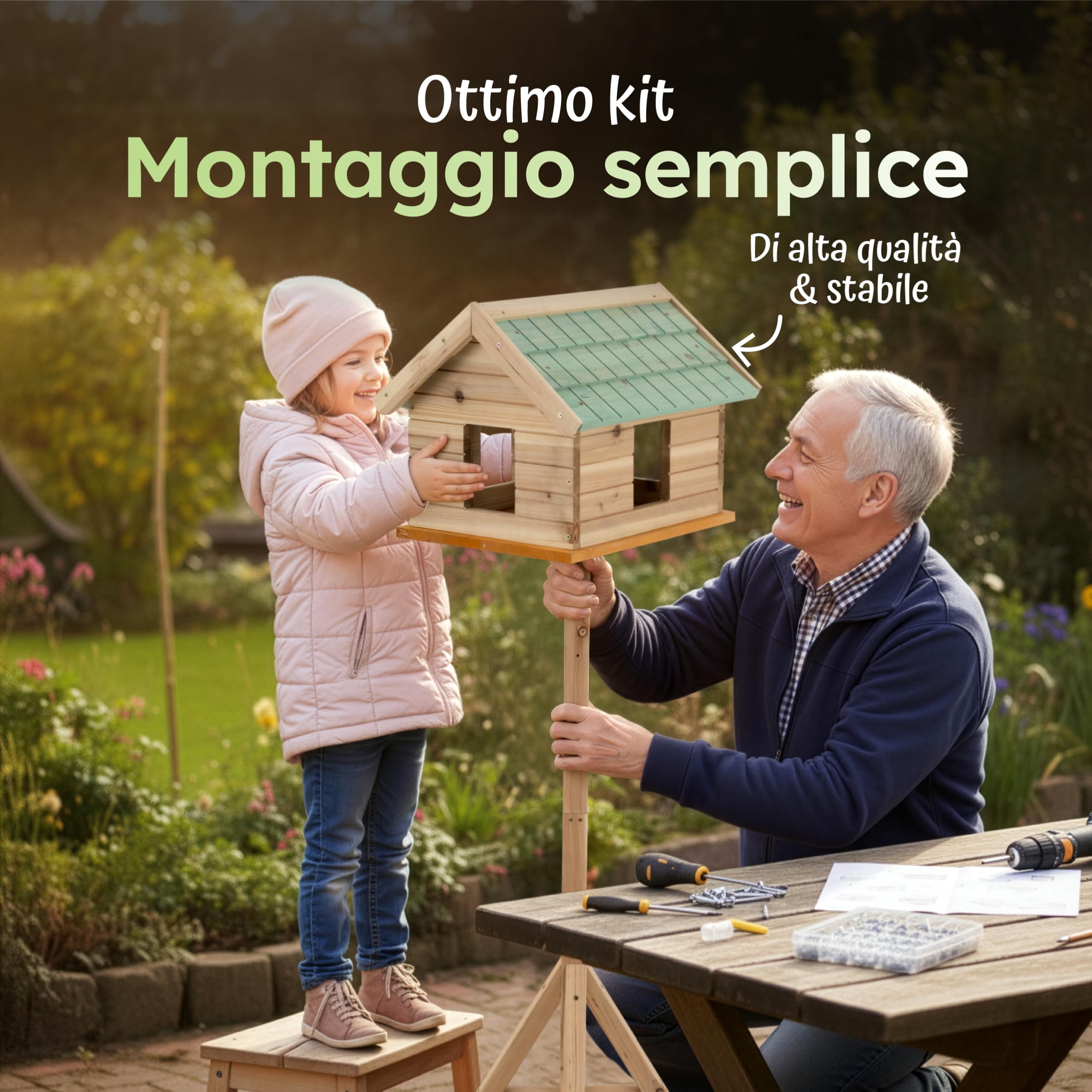 Moorland Casa per Uccelli con Finestre e Supporto in Legno di Abete FSC® | 135cm mangimatoia chiusa tetto verde in tegole casetta per tutto l'anno Esterno mangiatoia giardino VH2