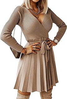 Livonmone Women's Winter Jumper Dress, Elegant, Short, Long-Sleeved, V-Neck, A-Line Knitted Dress with High Waist and Removable Belt