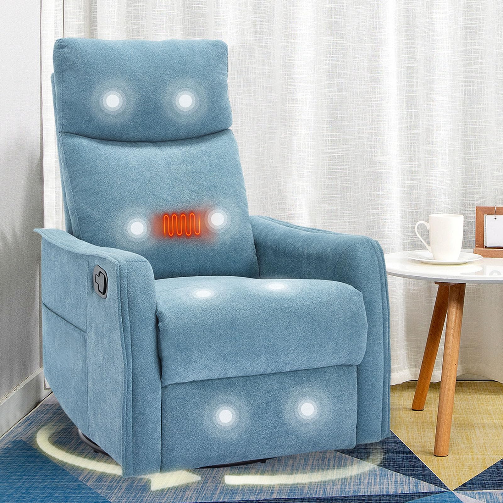 cinkehome Swivel Rocker Recliner Chair with Heated Massage, Rocking Reclining Chairs for Nursery, Small Spaces, High Back, Side Pocket