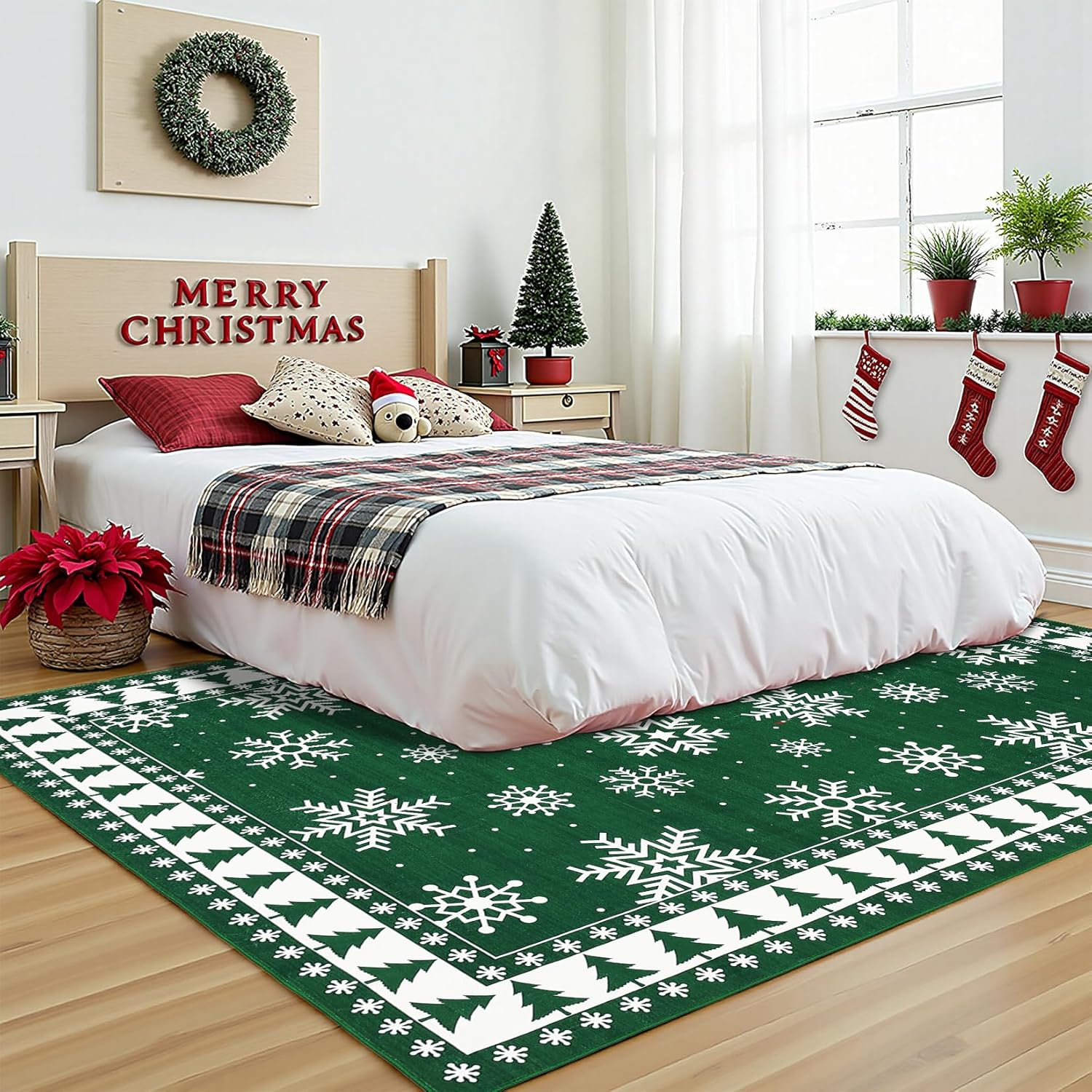 ROYHOME Christmas Area Rug 8x10 Chrtistmas Tree and Snowflakes Machine Washable Rug Holiday Decorative Bordered Floor Cover Non Slip Stain Resistant Carpet Rug for Living Room Bedroom, Green