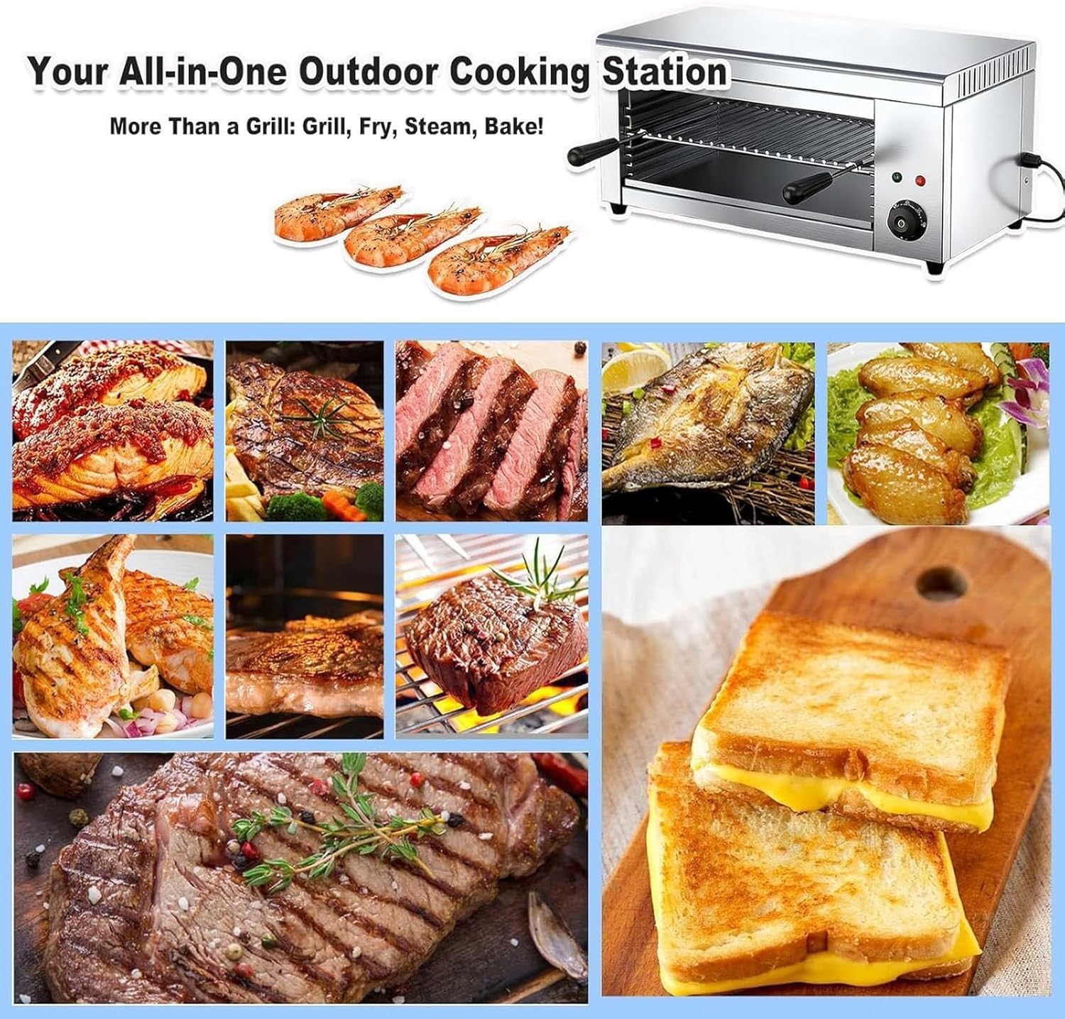 Parrilla eléctrica Comercial Tipo salamandra, asador de Barbacoa y fundidor de Queso, 2 Parrillas Desmontables, Acero Inoxidable, Montaje sobre encimera o Pared, Ideal para