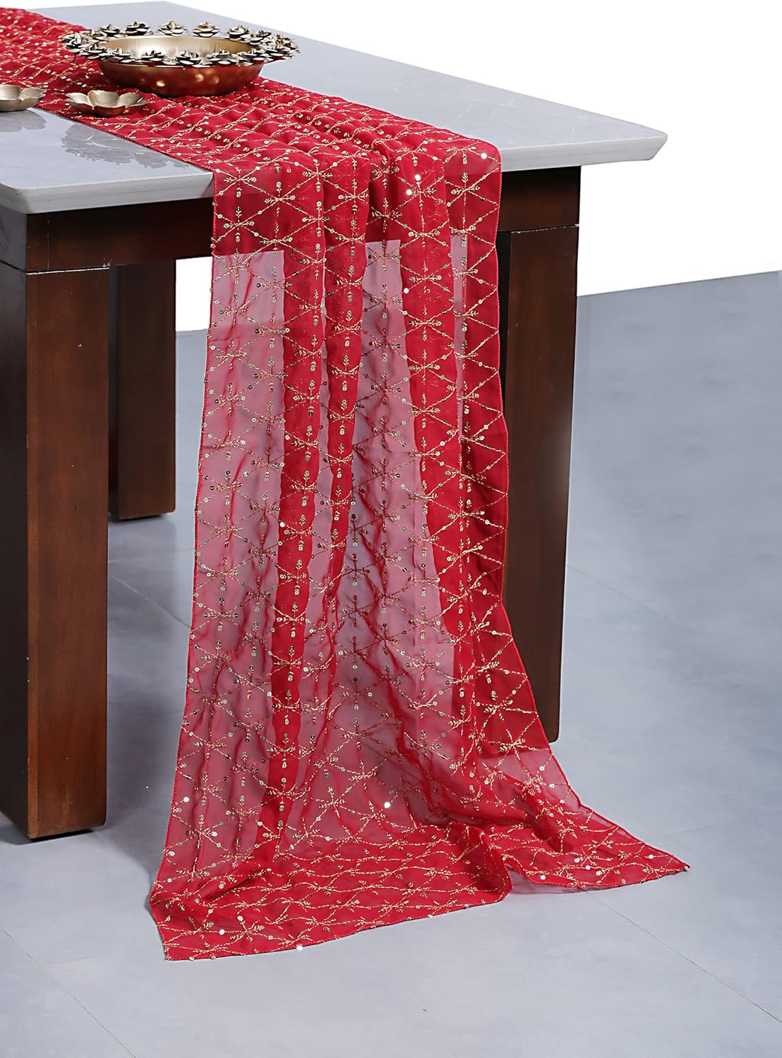 MDS Pack of 12 Wedding 20” x 120 inches Glitter Metallic Sparkly Chiffon Table Runner for Wedding Décor for 10Ft Sequin Table Runner - Red