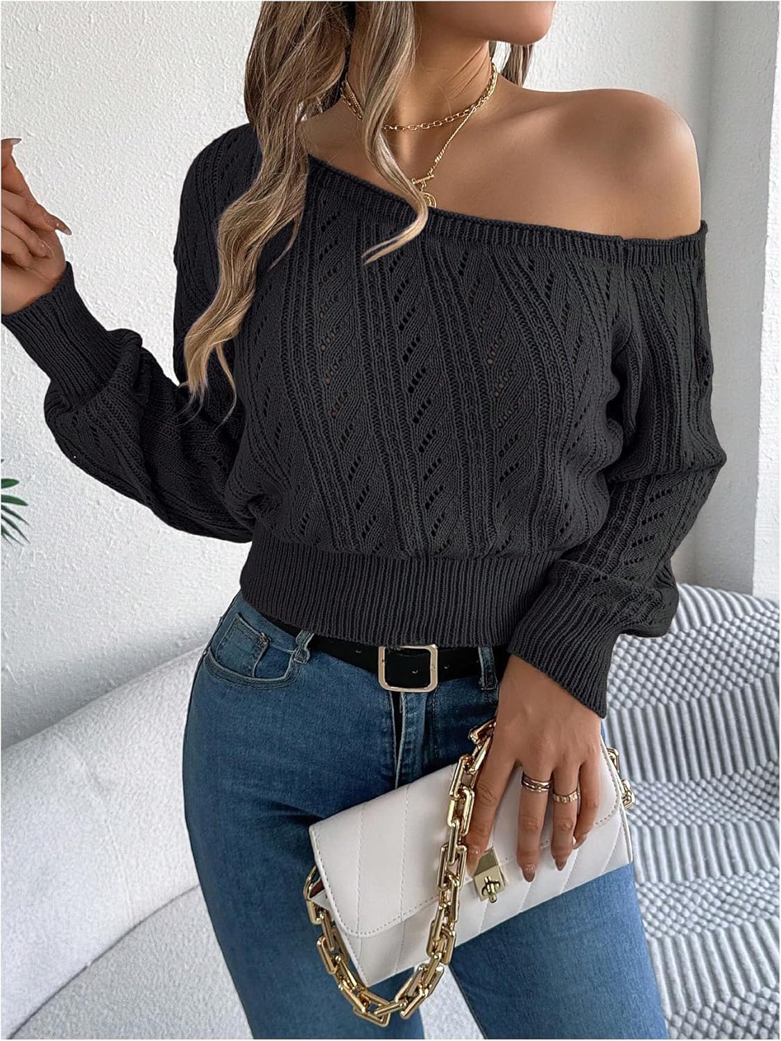 Verdusa Women's Off The Shoulder Sweater Y2k Cinched Waist Tops Lightweight Dressy Sweaters - Image 4