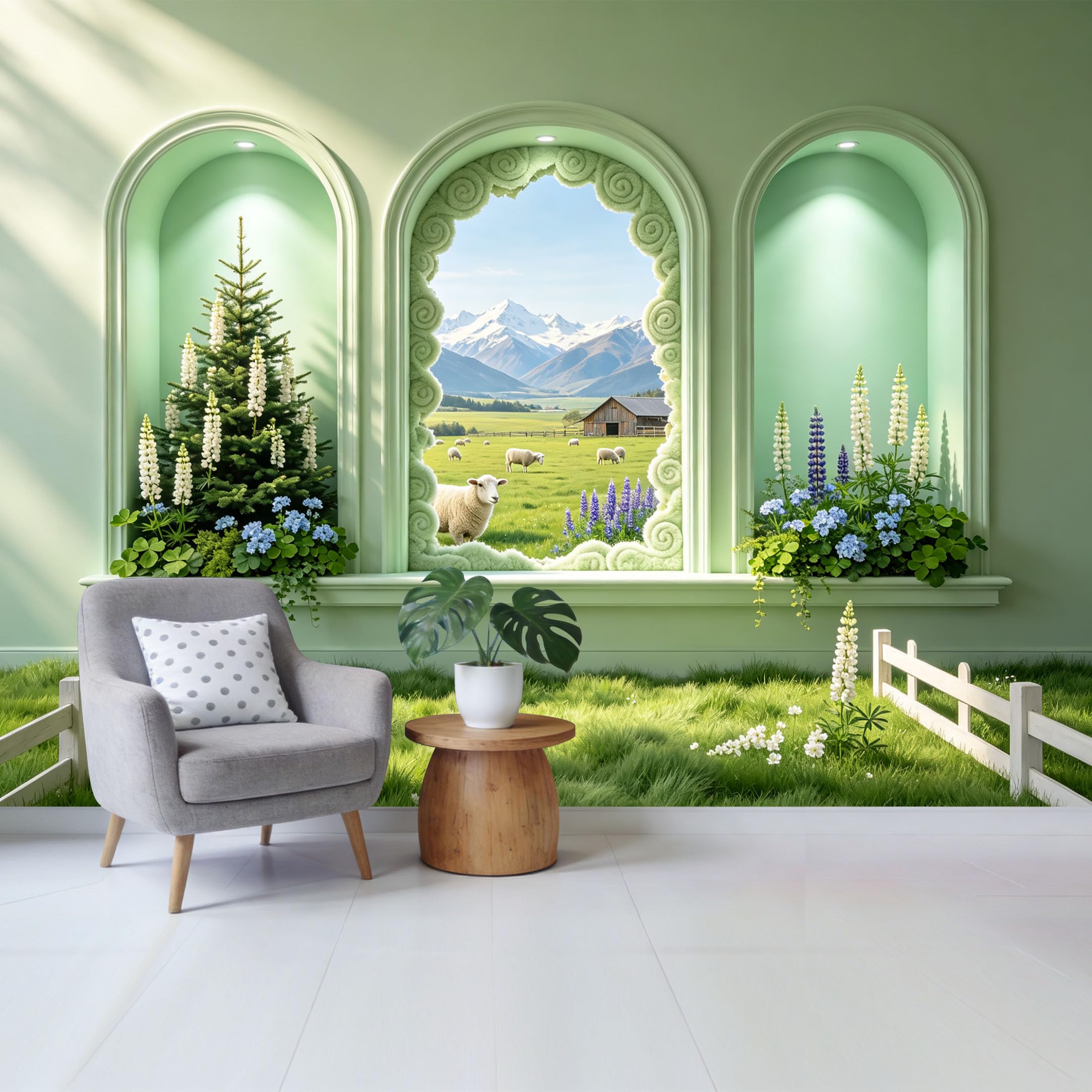 Custom Size Wall Mural Pastoral Mountain Landscape Farmhouse Window View with Sheep Flowers Green Meadow Removable Self Adhesive Fabric Home Wall Decor for Living Room Bedroom Bathroom
