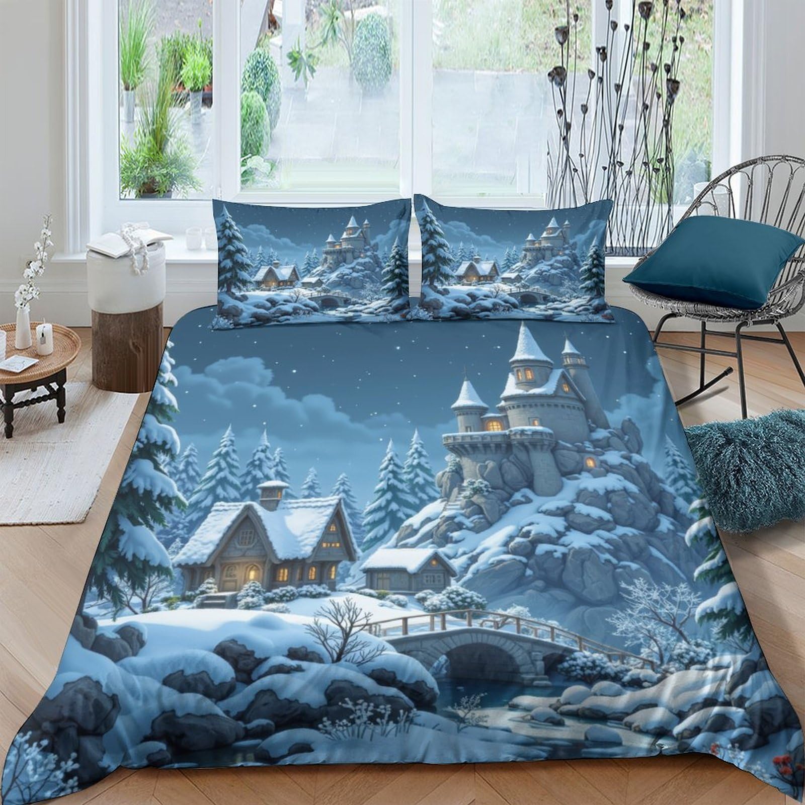 Ctjqhvkz Style-9 3D Printed Winter Castle Fitted Sheet Microfiber Soft Blue Snow Village Mattress Cover For Bedroom Guest Room Decor Single（135X200cm）
