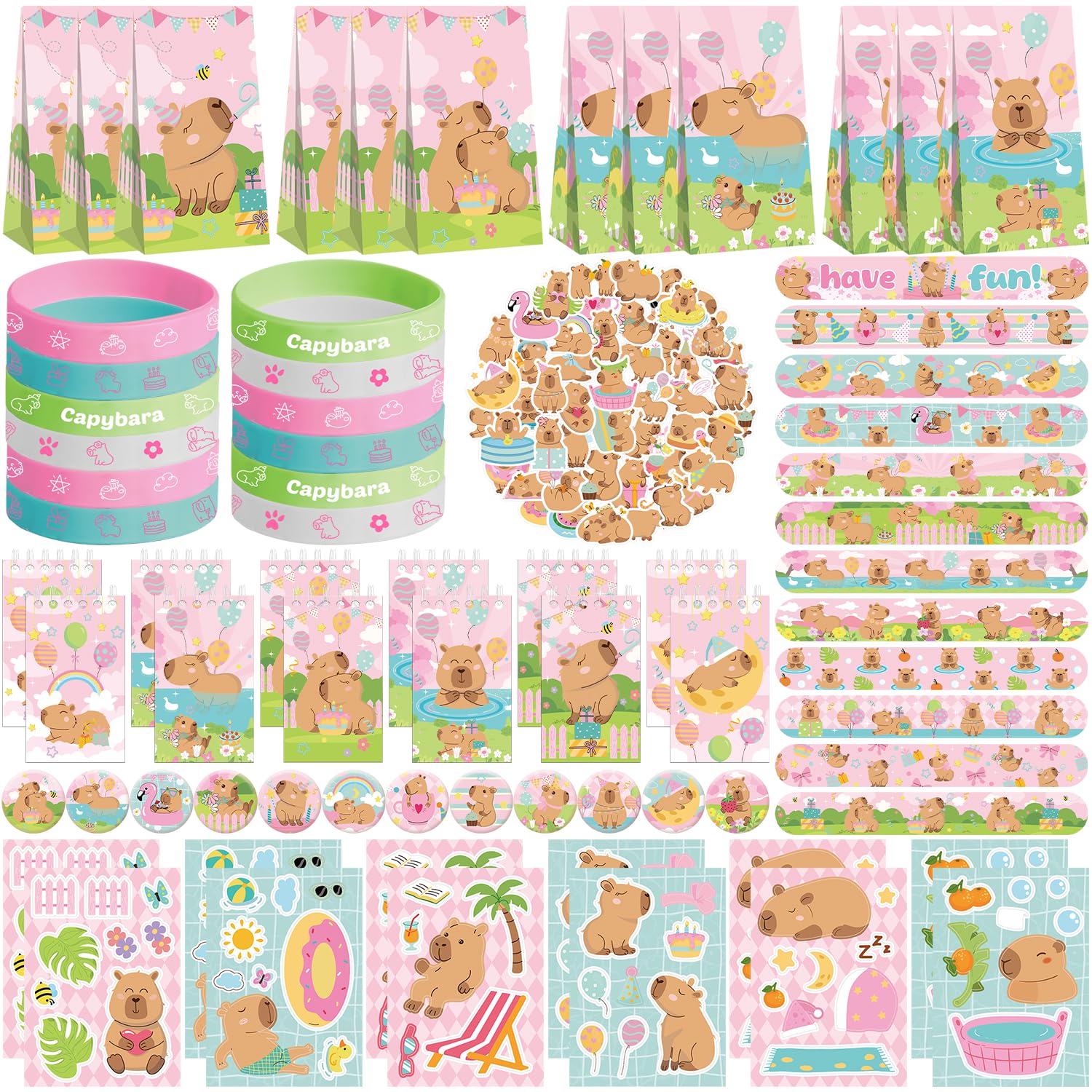 Articoli per feste a tema Capybara rosa, tra cui sacchetti regalo, adesivi, spille e braccialetti per una festa di compleanno a tema Capybara