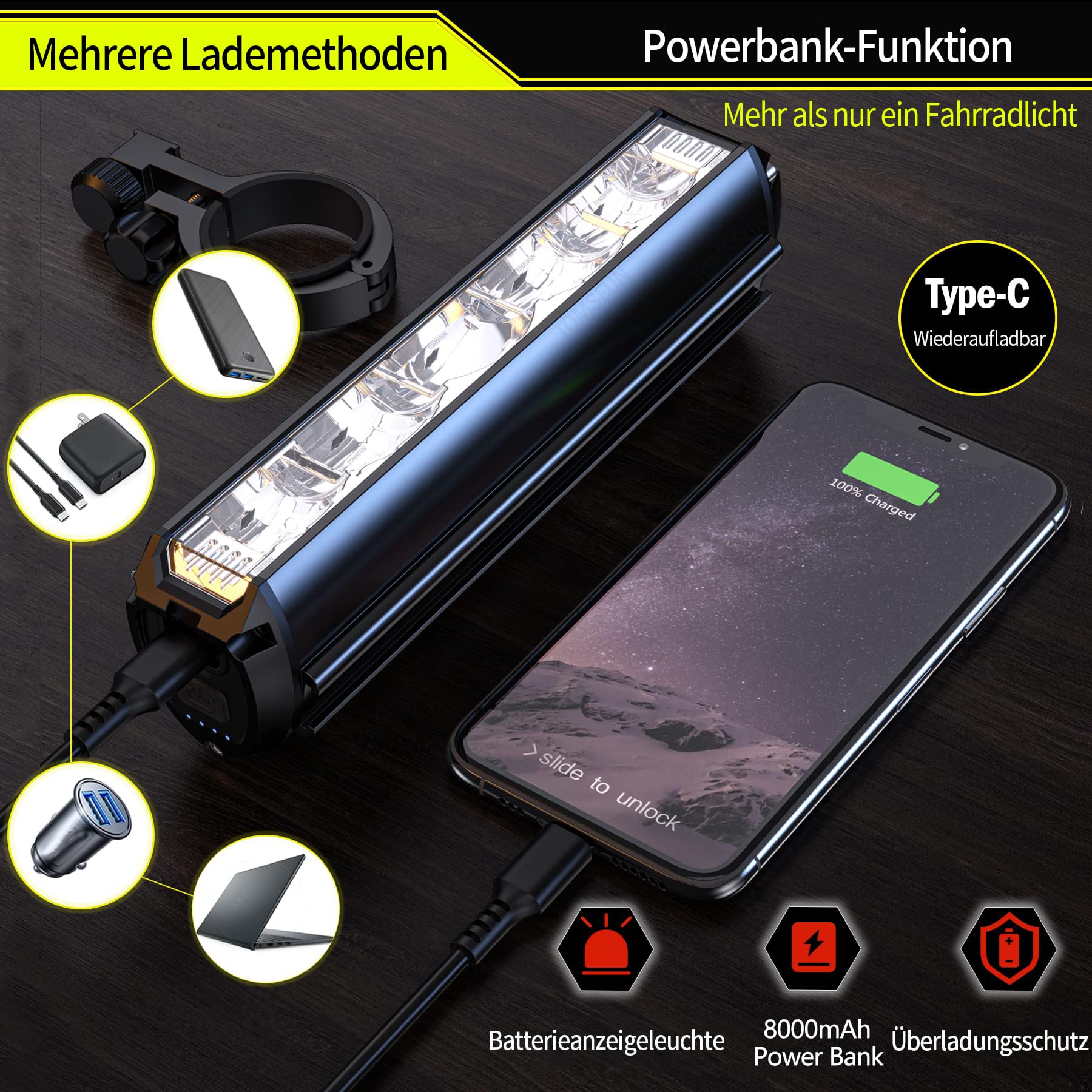 Phare avant 3250 lm LED super lumineux - Puissance mobile 8000 mAh - Standard StVZO pour adultes - Pour VTT, vélo tout-terrain