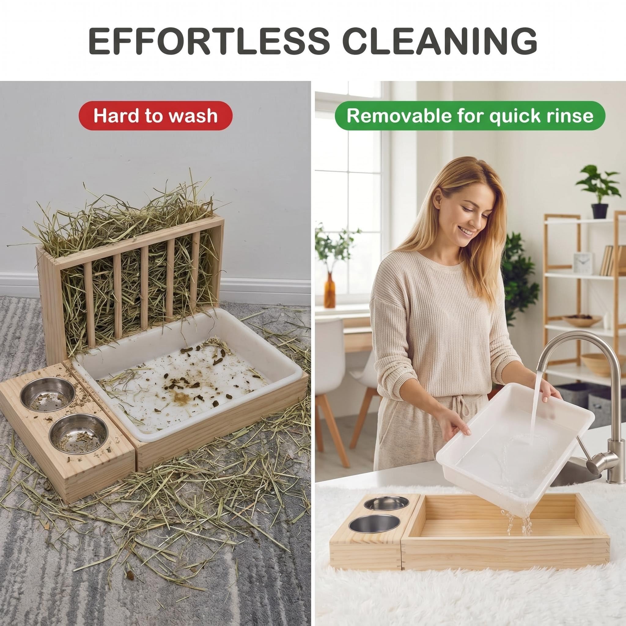 Caja de Arena para Conejos 3 en 1 de Madera con comedero de heno y Dos Cuencos de Acero Inoxidable, estación de alimentación Desmontable para cobayas, Conejos Enanos, hámsters, Chinchillas, Accesorio