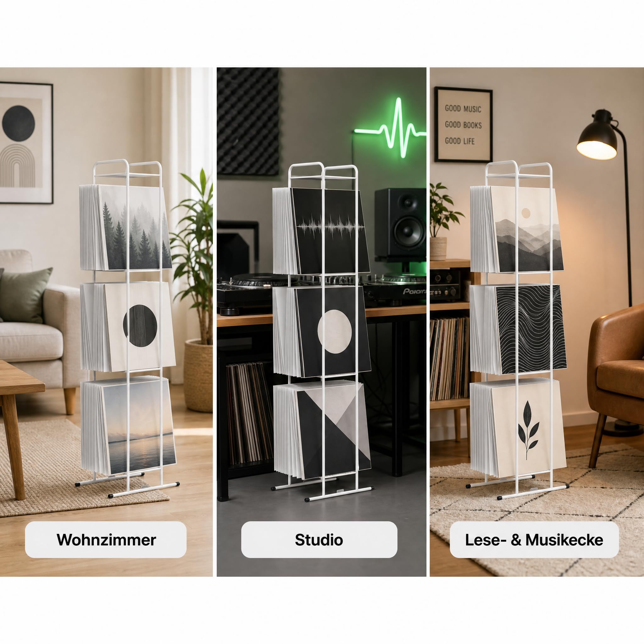 Zomo VS-Rack Vinya 150 Schallplattenständer – 300 x 190 x 1155 mm - Weiß - 3 Ebenen Vinylregal aus Stahl – Design LP Standregal für bis zu 150 Schallplatten