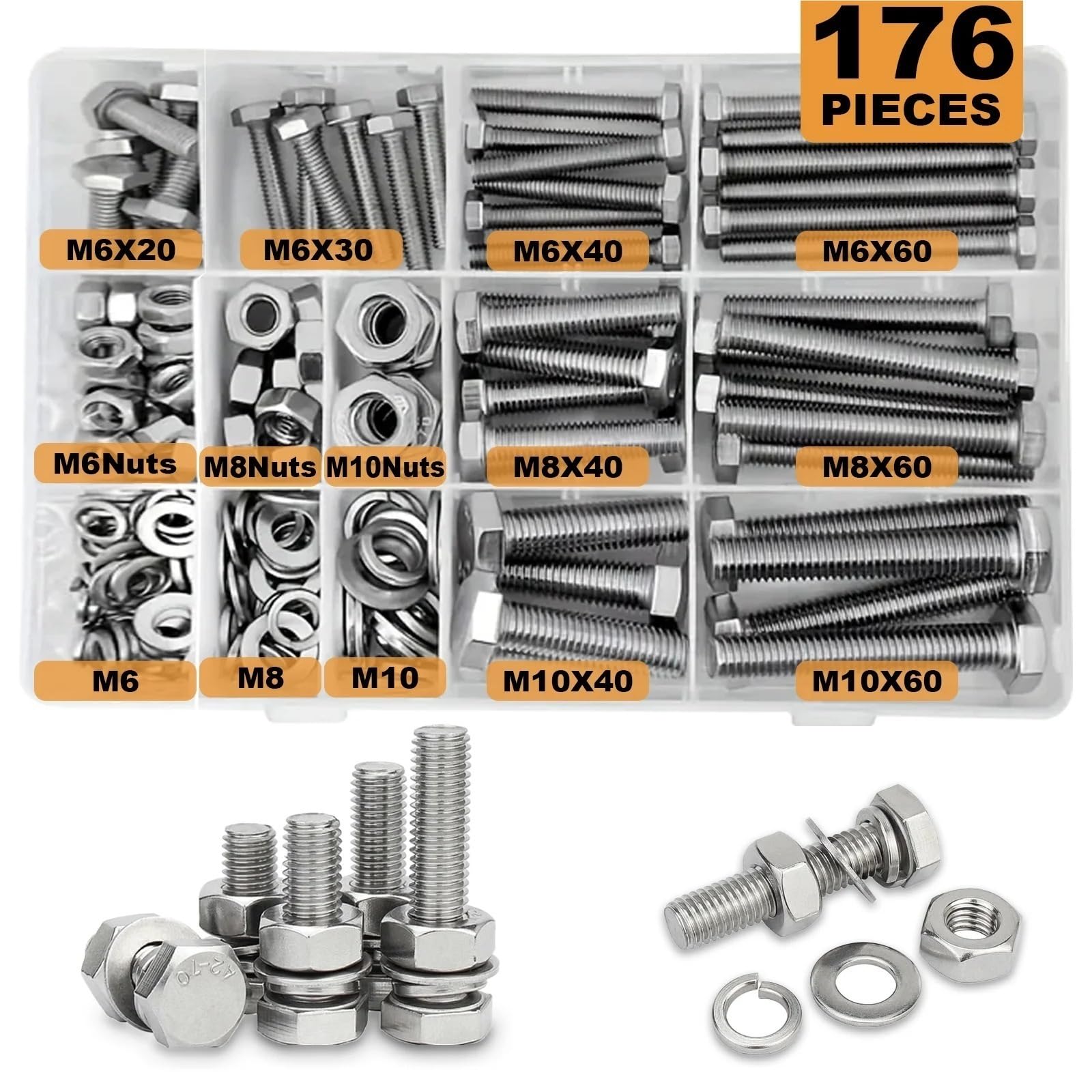 M6 M8 M10 Hochleistungsschrauben- und Muttern-Sortiment-Kit, 304 Edelstahl, Enthält die 8 gängigsten Größen Schrauben und Muttern Set(176PCS)
