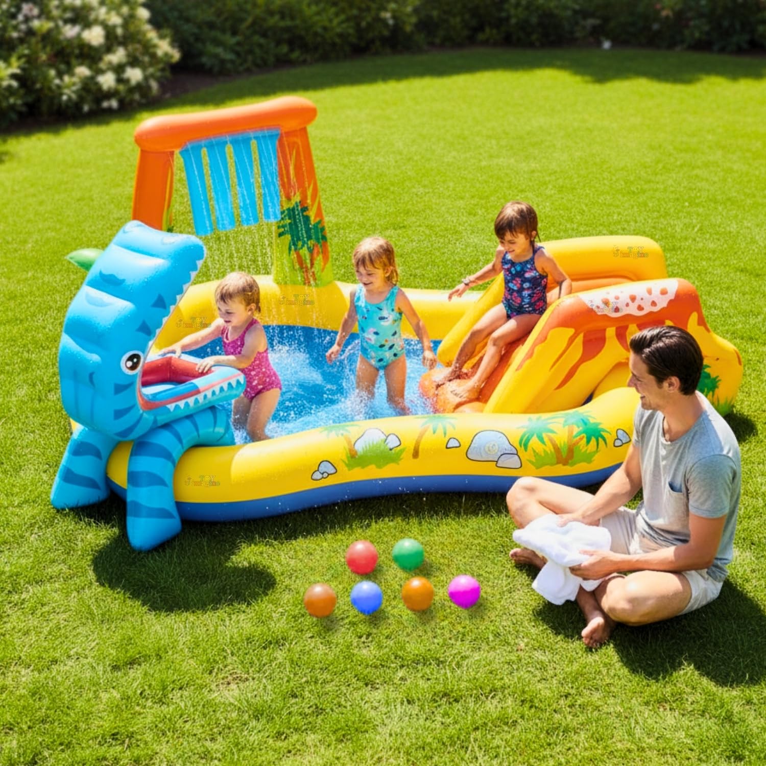Toy Imagine Dinosaur Inflatable Play Centre Swimming Pool for Kids, Boys & Girls Paddling Pool with Inbuilt Water Spray & Slide| Waterfall| Feed The Hungry Dinosaur with 6 Balls Included(Multicolor)