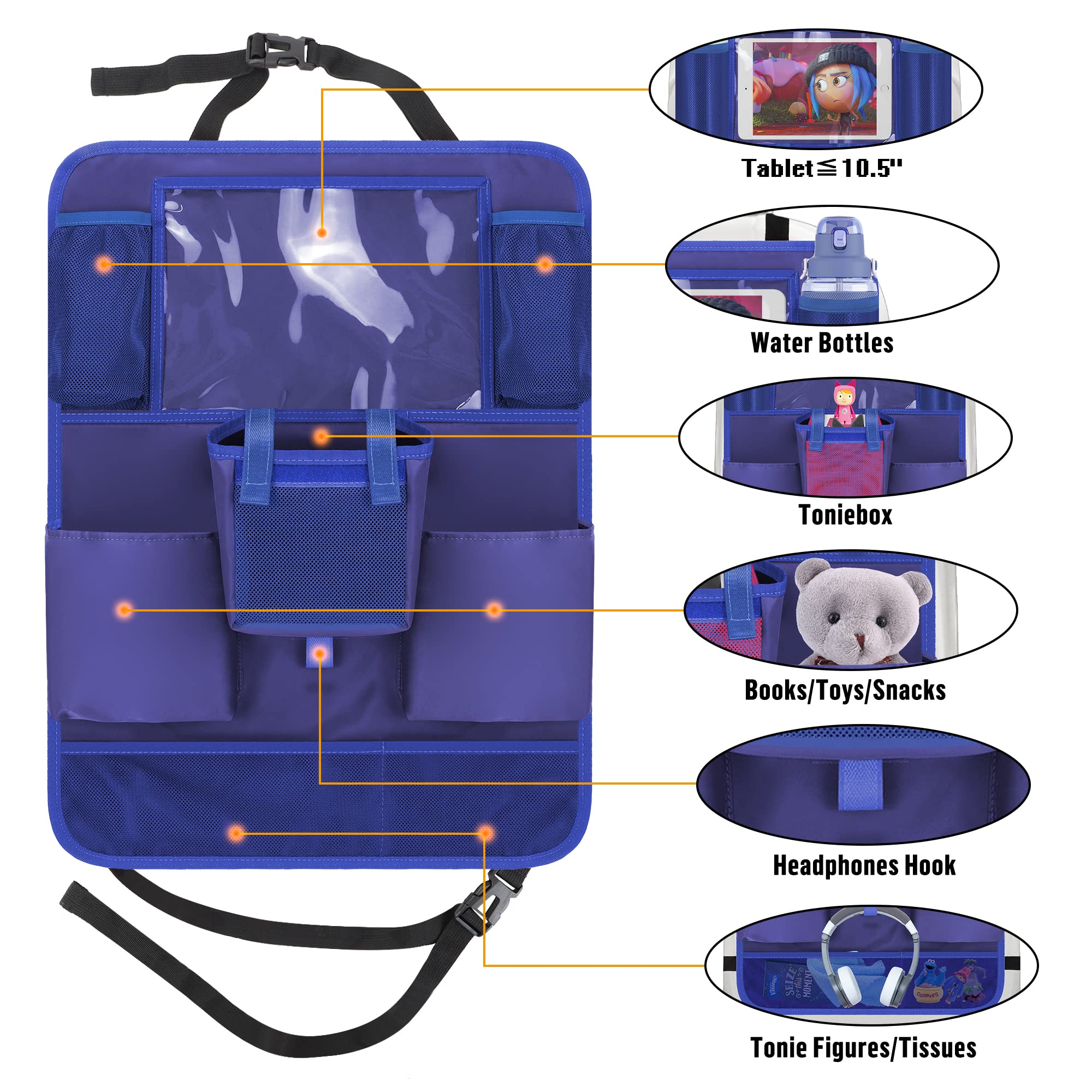 Organizador Asiento Coche Niños para Toniebox Kit, Múltiples Bolsillos para Botella Agua, Tentempiés y Accesorios de Viaje, Gancho para Auriculares y Soporte para Tableta de 10", Pack de Azul y Rosa
