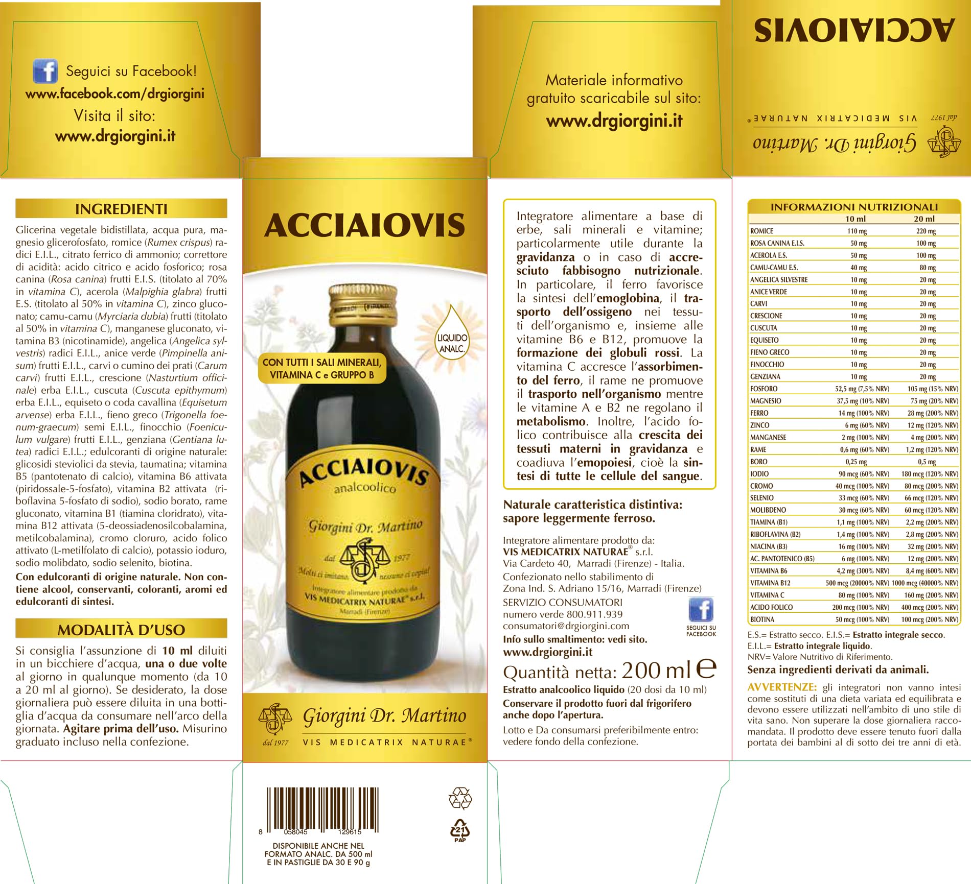 Dr Giorgini ACCIAIOVIS Liquido analcoolico - 200 ml (integratore di ferro liquido naturale, alta digeribilità, arricchito con vitamine, minerali ed estratti naturali)