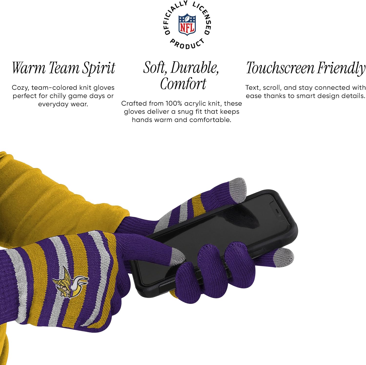 FOCO NFL unisex-adult Nfl Team Logo Adult Stretch Gloves With Big Wordmark Strip Pom Knit Hat Beanie Set - Image 4